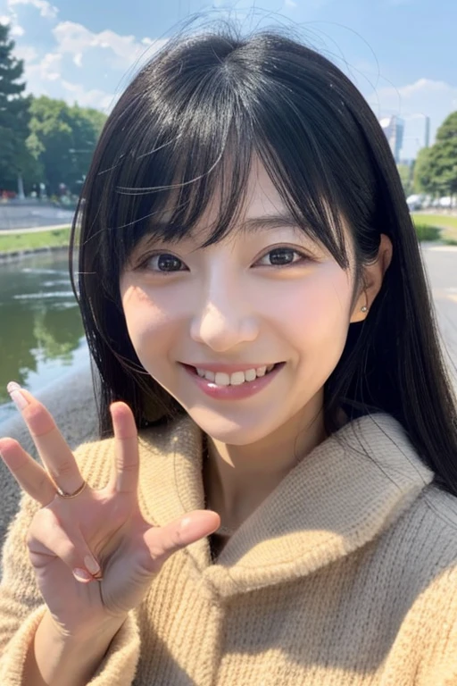 japanese woman mature woman real selfie face close up smile black hair peace sign