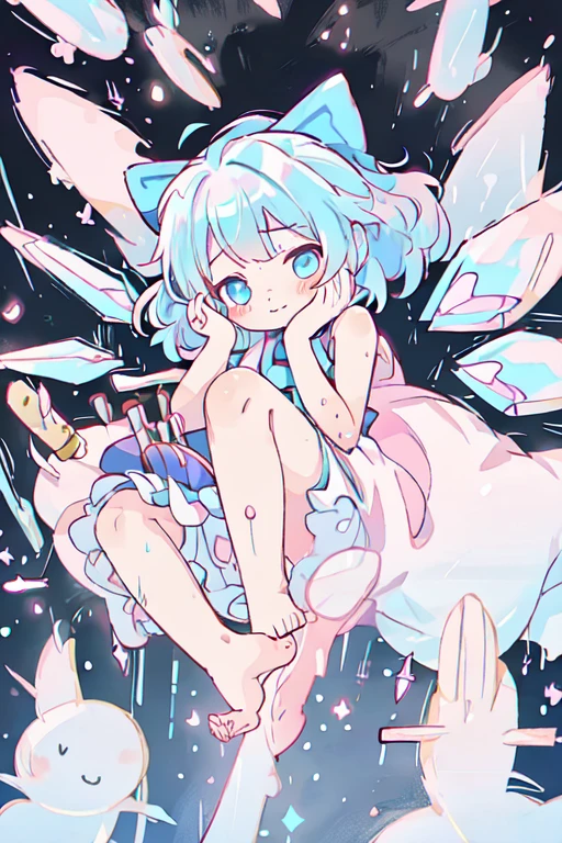 cirno，yandere，loli，whole body，wet，cute，cheeks flushed，Put your hands on your face，A loving expression，There is a small knife in his hand，leg straps，stand，soft，More vivid colors，softer contrast，fair skin，The skin is delicate and shiny，high resolution, Super detailed，4k，barefoot