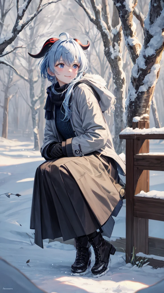 (Masterpiece, Best quality:1.2), Single, 1girl, hair over one eye, Blue eyes, split, nice smile, winter coat (white), shoes, Winter forest, Lights, a night, wolf, Long socks 