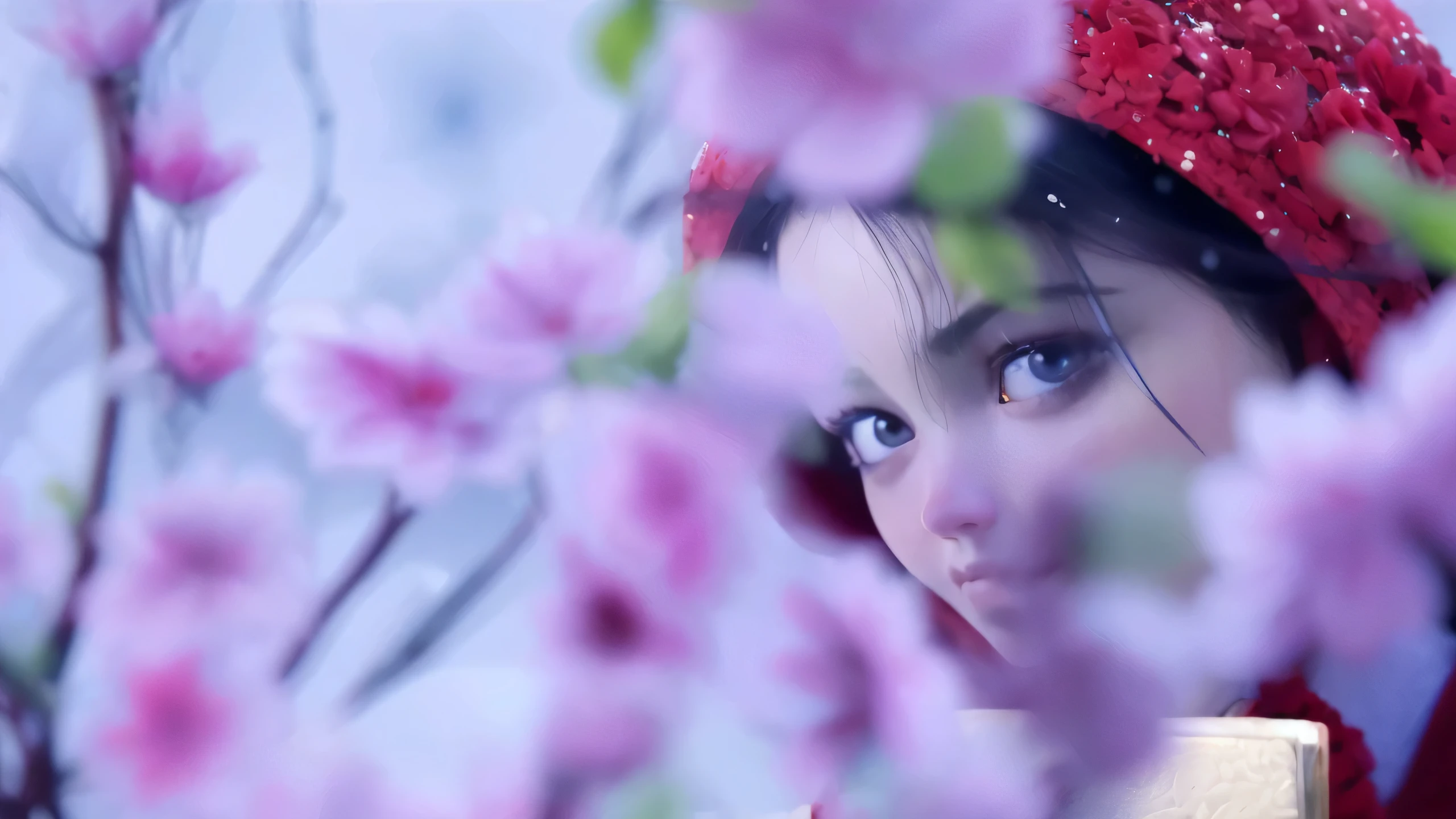 there is a woman that is looking out of a window, the piercing stare of yuki onna, with frozen flowers around her, flower storm portrait, close - up portrait shot, anime style mixed with fujifilm, woman in flowers, inspired by Li Mei-shu, inspired by Lü Ji, 8k artgerm bokeh, soft portrait shot 8k, girl in flowers