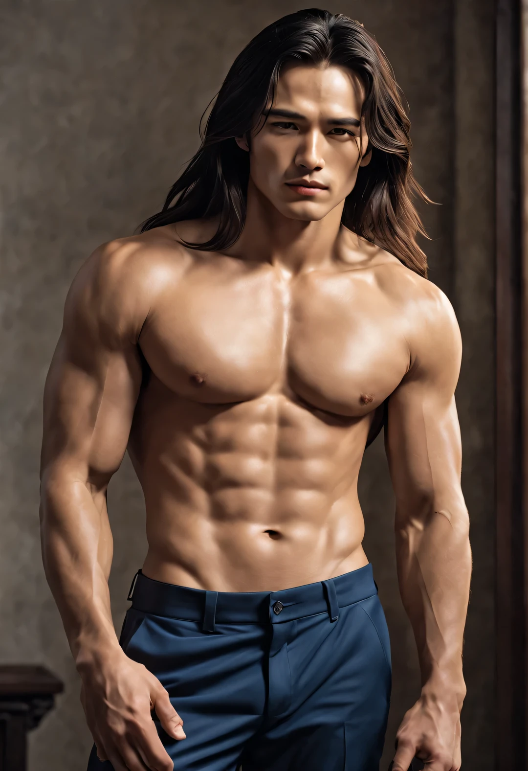 (male character design), Half body photo, Staring at the camera,
(Chinese handsome guy, Lanling Wang, high and long arch), (messy, very long hair), Have muscular abs, Wearing navy blue wool trousers, Fair and delicate skin, looks like a virgin, red lips, high nose bridge, deep eyes, But there is an extraordinary heroic spirit between his eyebrows. He has a slender figure, Has beautiful muscle lines, like a perfect sculpture. His fingers are long and strong (Half of his face is covered with an ornate blue and gold mask), His character is brave and beautiful, like a woman, Be brave and decisive. There is an indescribable tenderness and warmth in my heart, loyalty (Inspired by actor Marlon Brando), Young Marlon Brando, Surrealism, HD, high quality, HD analysis, 16k,