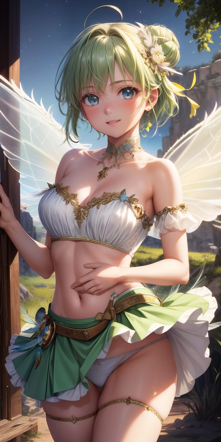 (Tinker Wife:1),Tinker Bell、mini skirt、超mini skirtレオタード、clear feathers、Legs open to show white panties、 smile, cute, cute pose, looking at the viewer, thick thighs, white panties single hair bun, short hair, (Strapless Green Dress:1), (fairy wings), are flying, (chest focus:1.2), From above, 
(realistic:1.2), (realism), (masterpiece:1.2), (highest quality), (Super detailed), (8K, 4K, Complex),(full body shot:1),(cowboy shot:1.2), (85mm),particles of light, lit, (very detailed:1.2),(detailed face:1.2), (Gradation), software, colorful,(fine eyes:1.2),
(detailed landscape, in a glass bottle:1.2),(detailed background),detailed landscape, (dynamic angle:1.2), (dynamic pose:1.2), (third law_composition:1.3), (Action range:1.2), wide shot, dawn, alone,