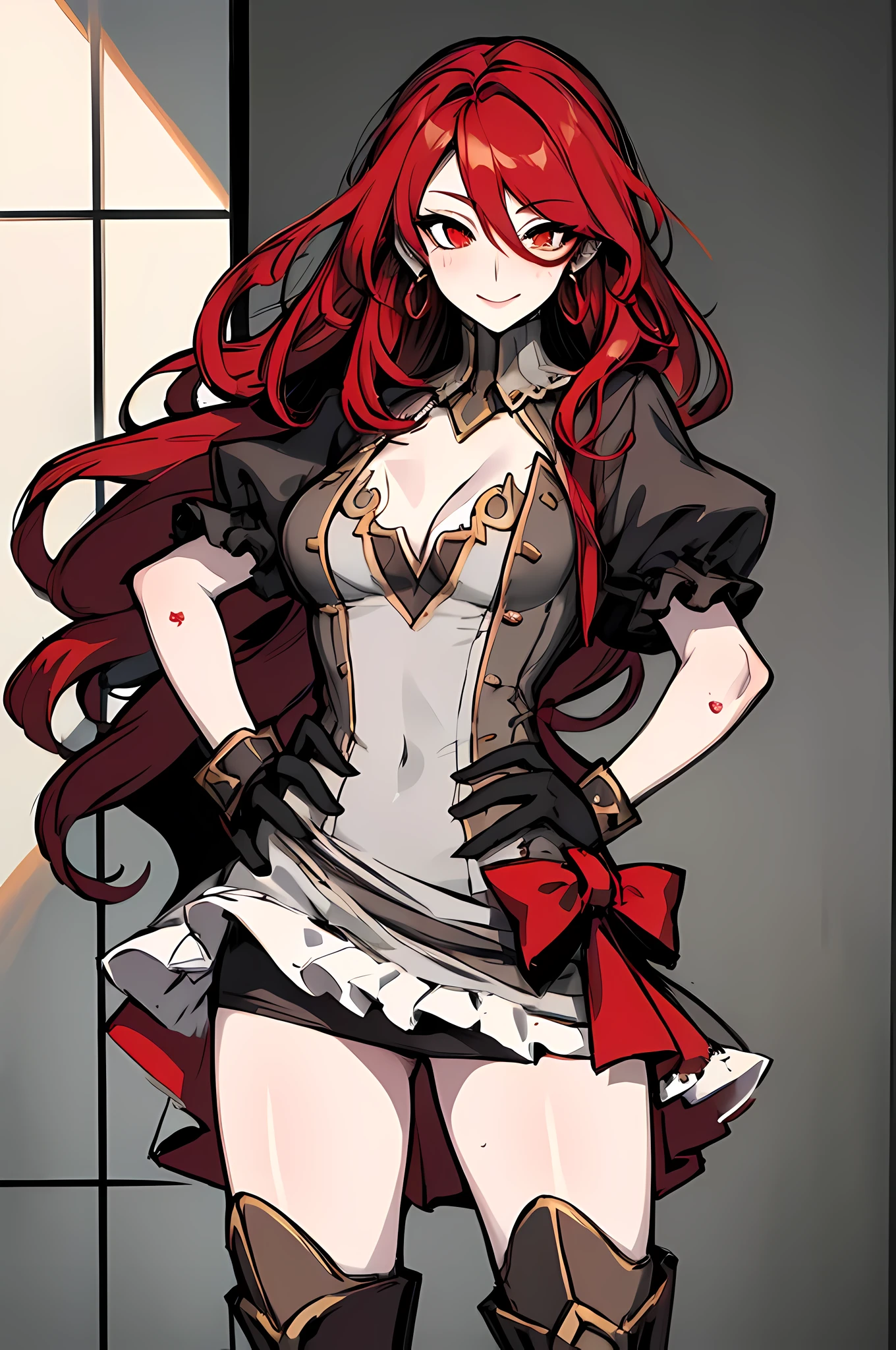 (absurdres, 8k, 4k, masterpiece, hyper extreme detailed:1.2), solo, 1girl, portrait, best quality, expressive eyes, perfect face, portrait, looking at viewer, solo, standing, zombie, gray skin, friendly, torn clothing, cowboy shot, full body, medium breasts, long hair, red frilly dress, greenish red eyes, red hair, circlet, pyrrha nikos, red dress, frilly dress, gray skin, grey skin, zombie, victorian dress, smile, friendly, happy, grey skin, wavy clothing, wind, windy hair, windy clothing, moving clothes, moving hair, discolored skin, unnatural skin tone, zombie, perfect anatomy, sickly skin color, grey skin, zombie, splotches on skin, stitches on skin, discolored skin, hands on hips, flowy dress, poofy dress, covered breasts, covered thighs, boots, no cleavage,