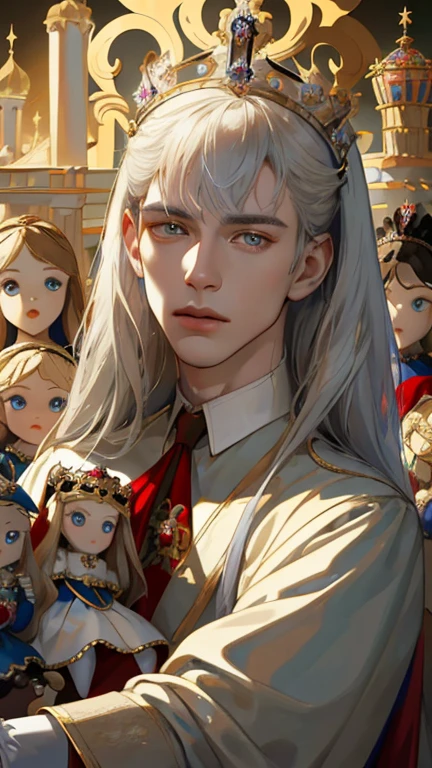 masterpiece*portrait, realistic, shiny skin, 20-year-old Russian male king holding a doll, Man1, (background surrounded by dolls:1.5), (palace background: 1.5), saturated colors, Portrait image of a gorgeous female Korean French model wearing school 소녀 uniform, Gareth Pugh Design, Illustrated by Mark Ryden, Softly shining lighting with dramatic shadows, detailed background, Art Station Trends