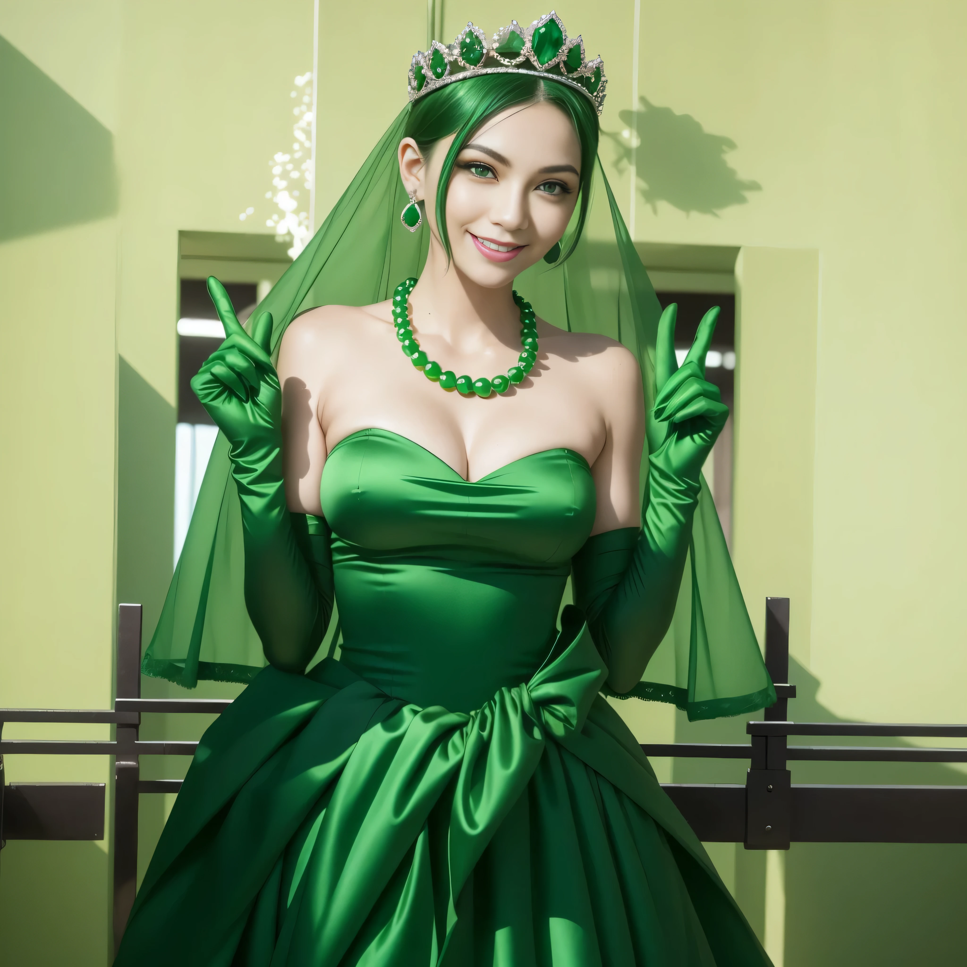 emerald tiara, green pearl necklace, boyish very short green hair, lipstick, smiling Japanese woman, very short hair, big breasts beautiful, green eyes, Long green satin gloves, green eyes, V sign, emerald earrings, green veil