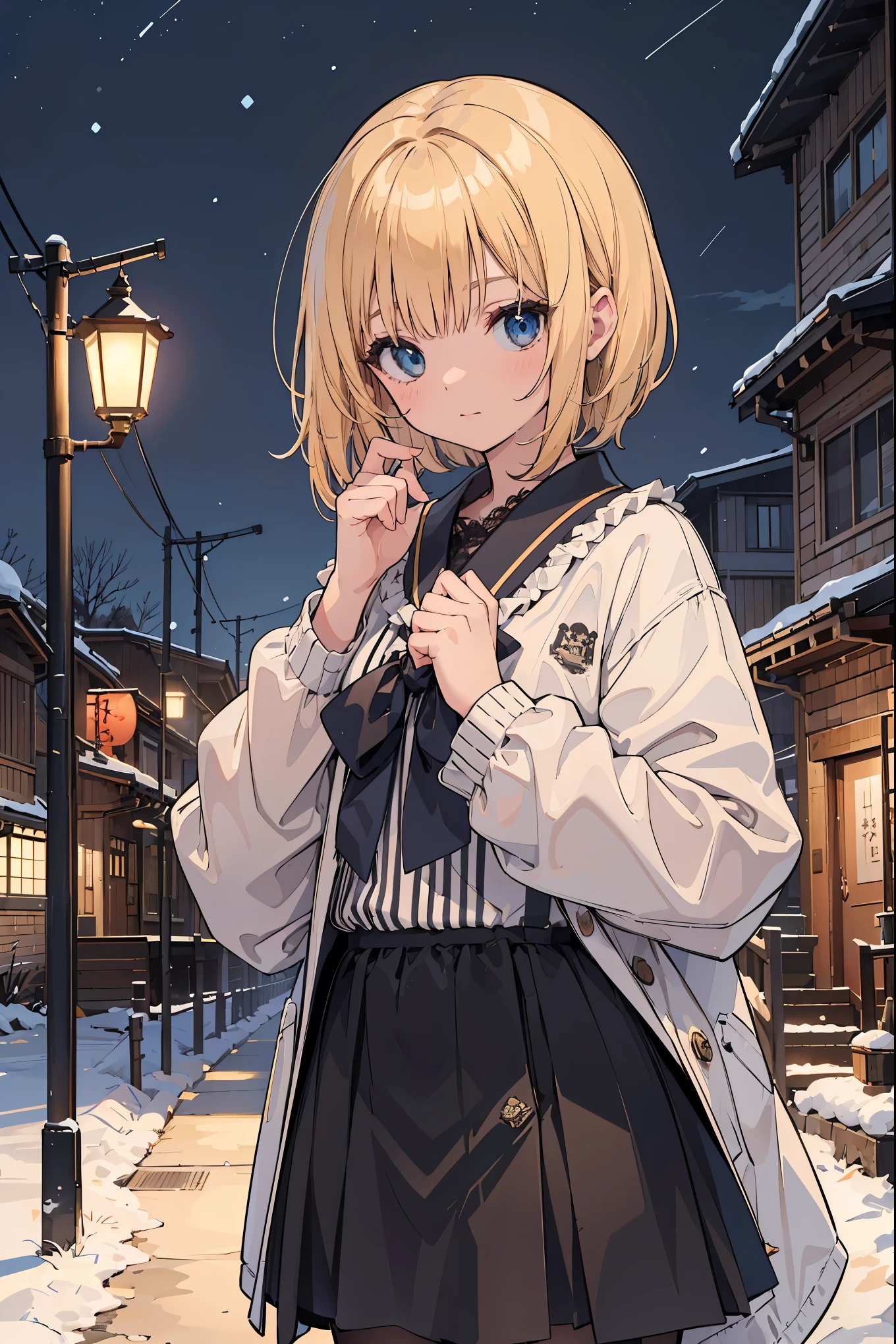 A high school girl in the style of Japanese anime illustration from 2020 with a detailed and realistic background that has depth and texture. The girl has blonde hair in a short one-length braided ponytail bob cut and wears a western long dress with a lot of frills, lace, and luxury. The theme is a formal schoolyard and the image is a portrait with contrast. The language in the image is Japanese and the romanization is English. The girl's eyes are realistic, complex, and detailed, and her skin texture is very fine. The girl's posing is instructed by a world-famous master and the image has a sense of dynamism. The girl's figure is a cowboy shot. The image size is 1024 x 1536 pixels. The girl is waiting for her boyfriend in the schoolyard. The girl wears a coat and the background has a winter scenery, night, and white snow. The girl is a daughter of a noble family.
