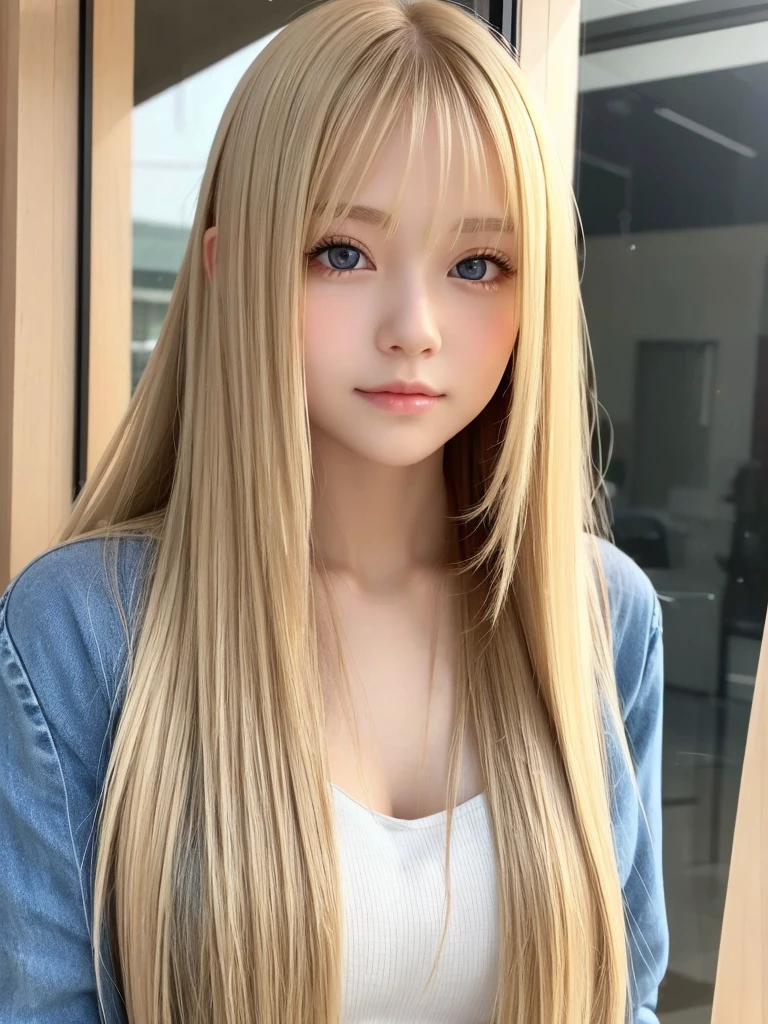 Super long blonde straight hair、beautiful face hair、Very cute beautiful sexy young girl、so perfect beautiful cute face、Clear beautiful cute eyes