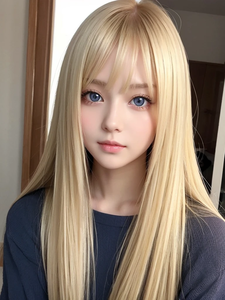 Super long blonde straight hair、beautiful face hair、Very cute beautiful sexy young girl、so perfect beautiful cute face、Clear beautiful cute eyes