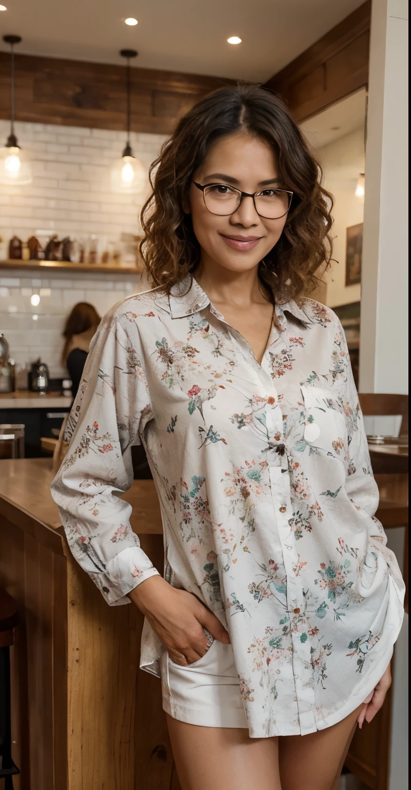 Masterpiece, cute girl, 49 year old, Old, headshot, brown skin, Filipina, Brown curly hair, standing, full body, Highest quality, Ultra realistic, Instagram picture, smile, in a cafe, wearing a floral shirt, eyeglass