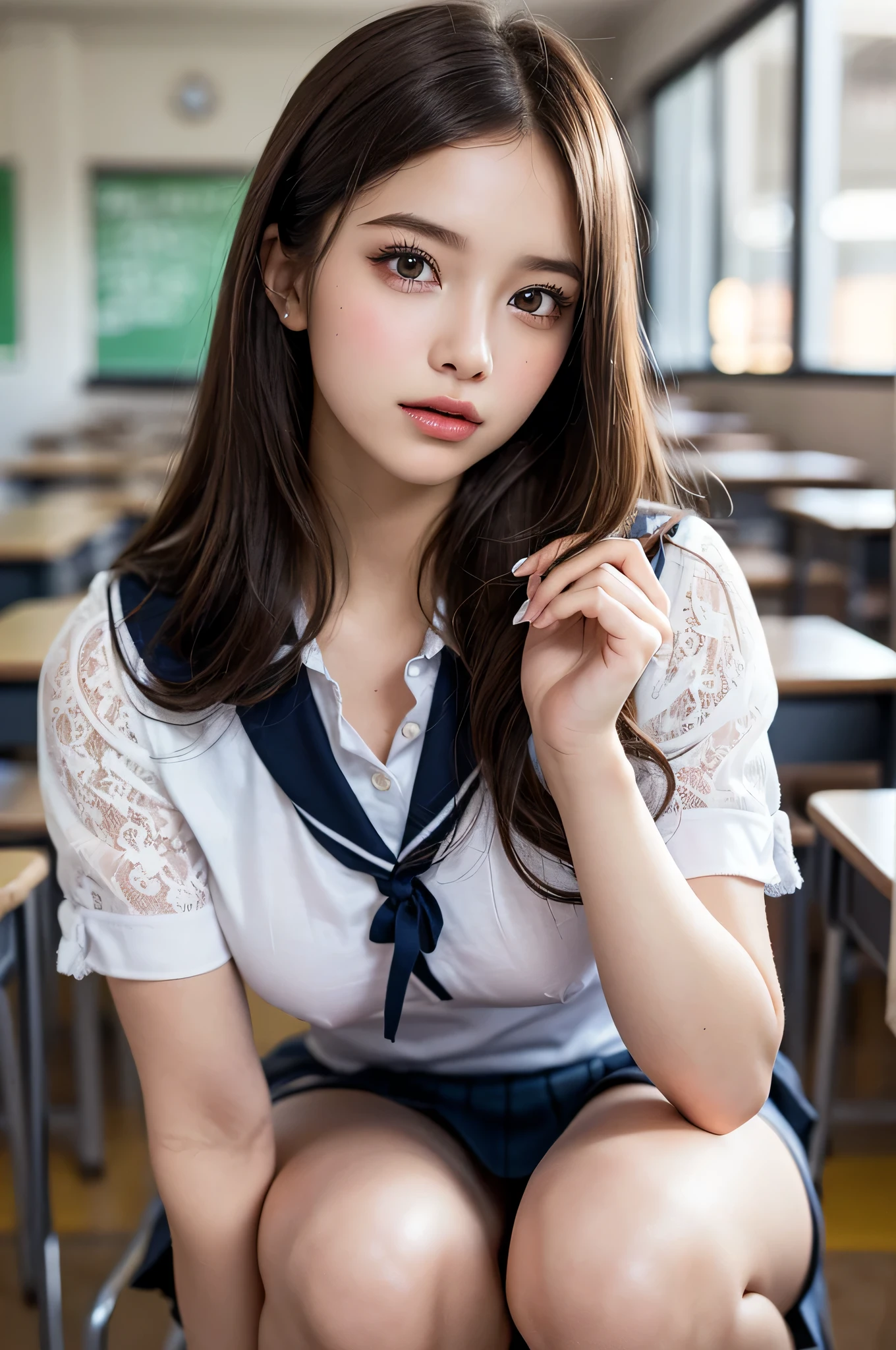 (1ung girl), (highly detailed Beautiful face), Amazing face and eyes, (Best Quality:1.4), (Ultra-detailed), (extremely detailed CG unified 8k wallpaper), Highly detailed, High-definition raw color photos, Professional Photography, Realistic portrait, Amazing face and eyes, Pink eyes, (hi-school uniform, pleated mini skirt:1.3), (High school uniform with wide open breasts:1.4), twintails, brown hair, model, (((Bokeh))), depth of fields, School, classroom, (squatting:1.2), (lace panties:1.2), view from below
