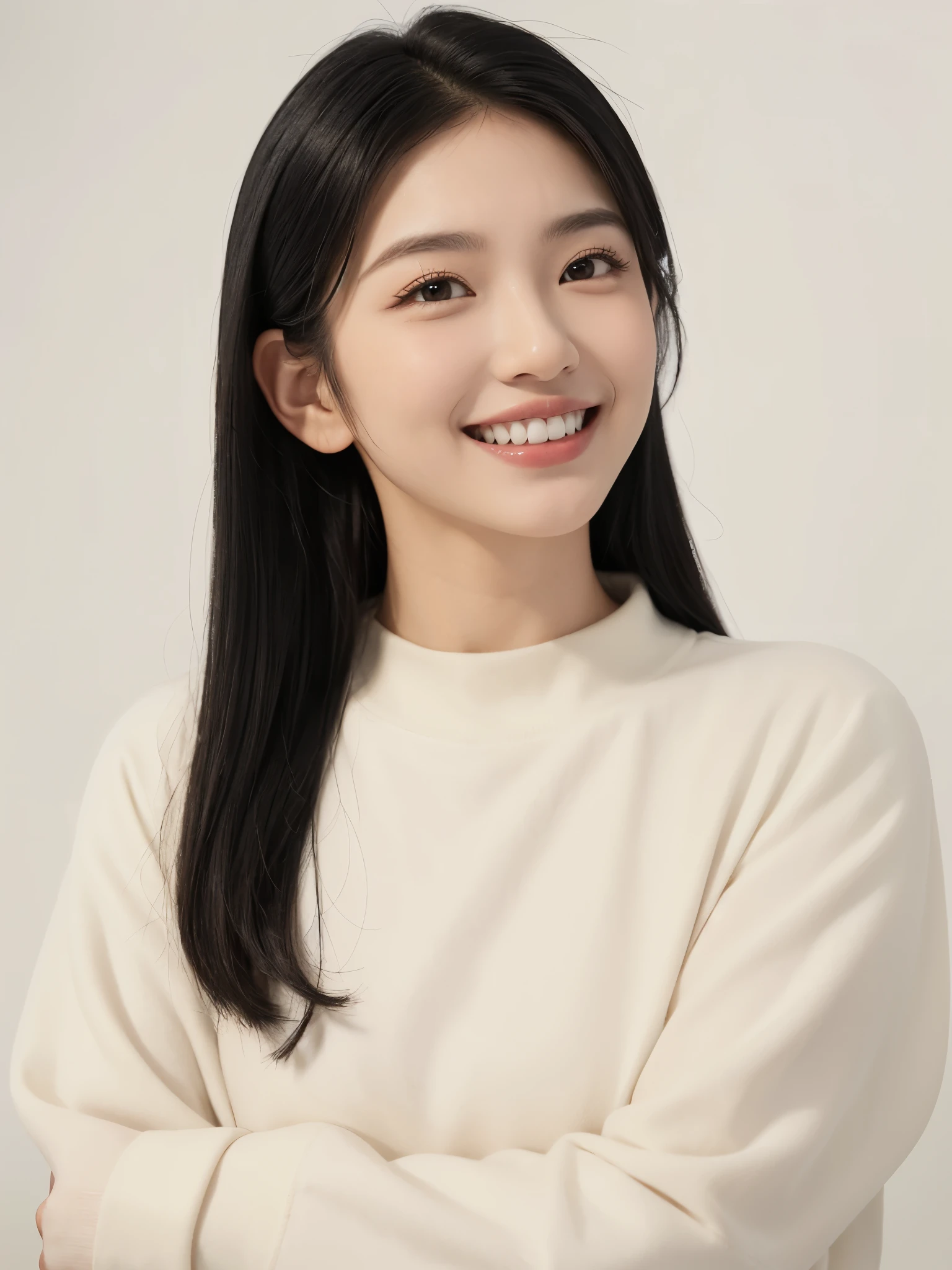 masterpiece、highest quality、(long shot)、((white wall))、((simple background))、1 girl、(Upper body)、(black eyes)、(long eyelashes)、Diagonal angle、[[profile]]、smile、white teeth、((beautiful row of teeth))、medium hair、(black hair)、Fashionable、long sleeve、(Beige clothes)、