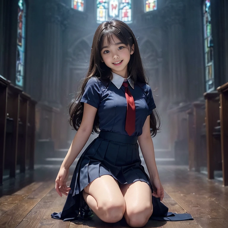 ((whole body esbion))、((side shot))、((big breasts)、 ((white short sleeve blouse、ultra mini pleated skirt、dark blue)), ((red tie))、 ((black boots))、((Kneeling prayer pose in church、Join hands))、((1direct))、((The background is the interior of a deserted Gothic church..))、((high nose))、((delicate body))、((vertical upper body))、((clean、masterpiece、professional artwork、famous works))、((perfect girl body))、((beautiful girl)),((cute face))、 very bright skin ,medium long hair, wavy hair , brown hair,Japanese、 realistic, direct照明, volumetric light, super detailed, highest quality, ultra high resolution, nffsw, 8Kのmasterpiece, highest quality, ((8-year-olenagerl))eyes))、、RAW photo, absurd, ((with smiling eyes、smile)), ((open your mouth)),Empty、The chest is free