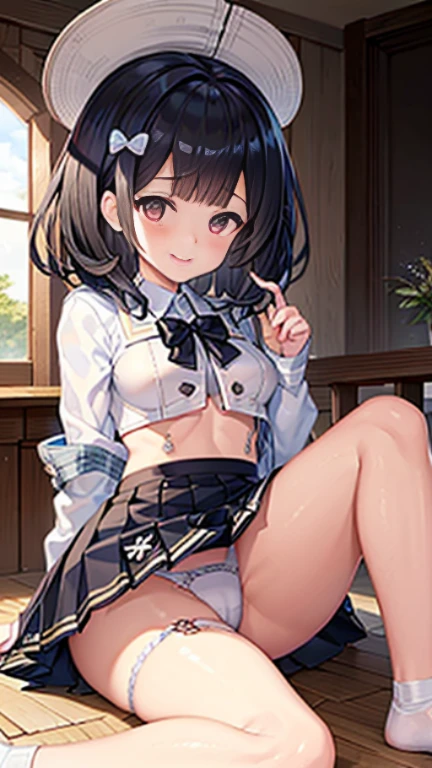 one girl,full body figure,big breasts、low length、child、big boobs,big boobs,Perfect five-finger、mini skirt、I can see white panties、whitepanty、shy face、Voluptuous legs、perfect thing、highest quality、big breasts、black hair、black hair、detailed description、small details、detailed face、Vikara、vikala、granblue fantasy、white skin、Vikaraの服