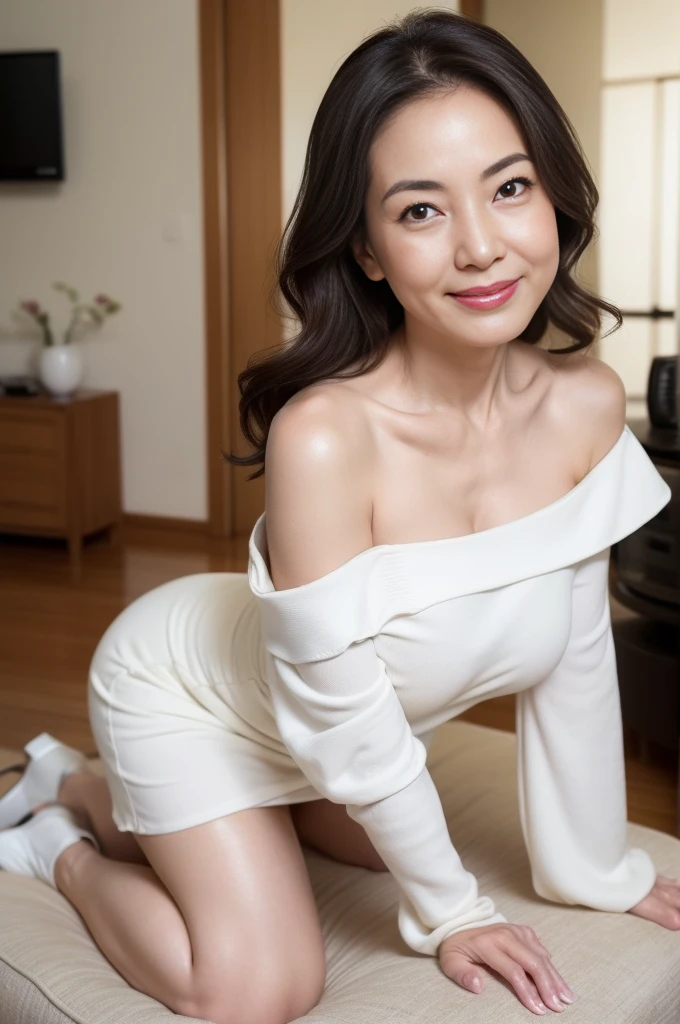 japanese mature, (5 women), 20 years old, (Wrinkles at the corners of the eyes:1.2), Small breasts, A MILF, carismatic, Top 5 Sexy, Chromo-white skin, view the viewer、off shoulders、ssmile、at bedroom、Beauty in the buttocks,Long legs,