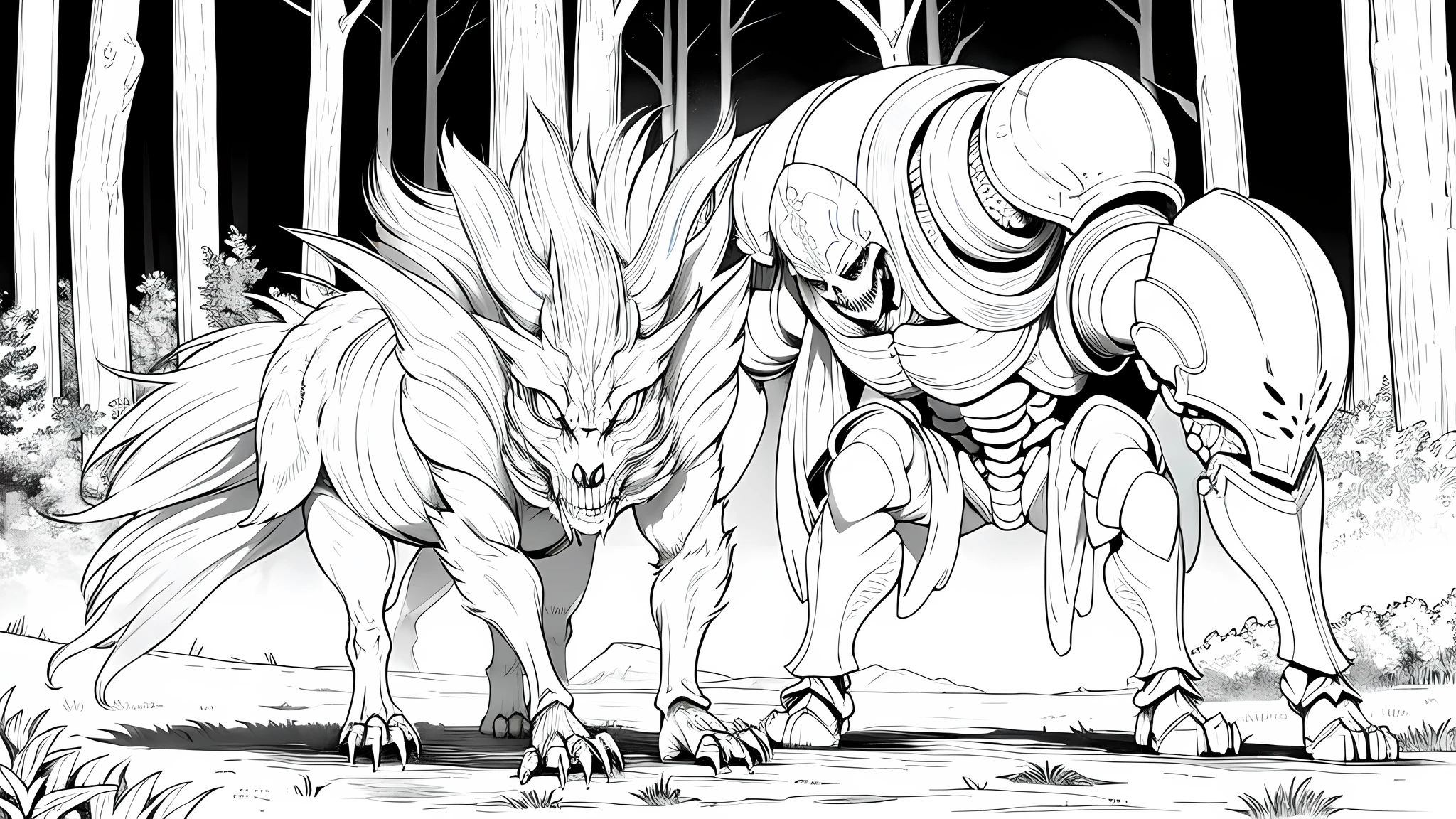 1 skeleton with heavy armor in isekai world, walking in the forest, weak and being cursed, monochrome (clear line, lineart)
