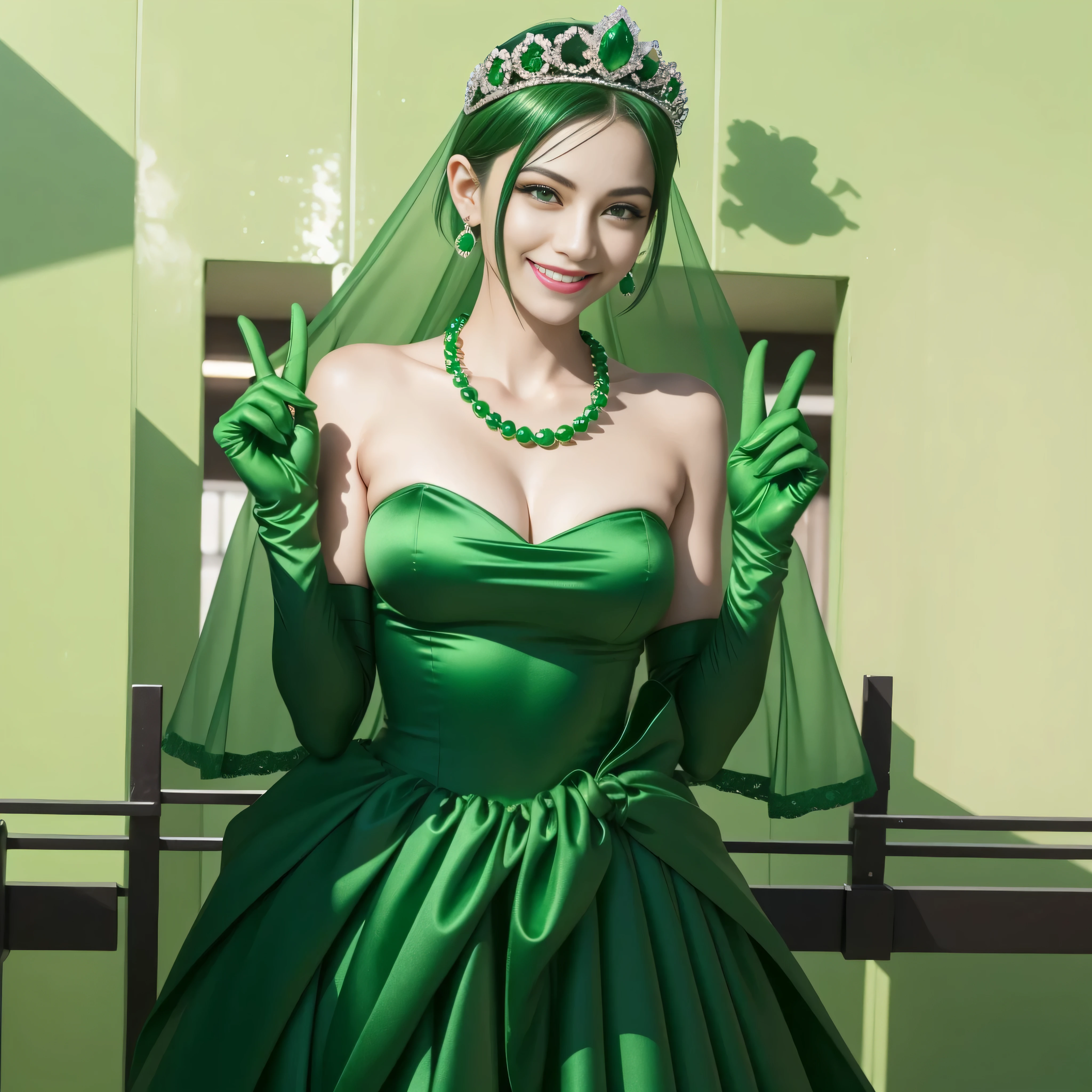 emerald tiara, green pearl necklace, boyish very short green hair, lipstick, smiling Japanese woman, very short hair, big breasts beautiful, green eyes, Long green satin gloves, green eyes, V sign, emerald earrings, green veil
