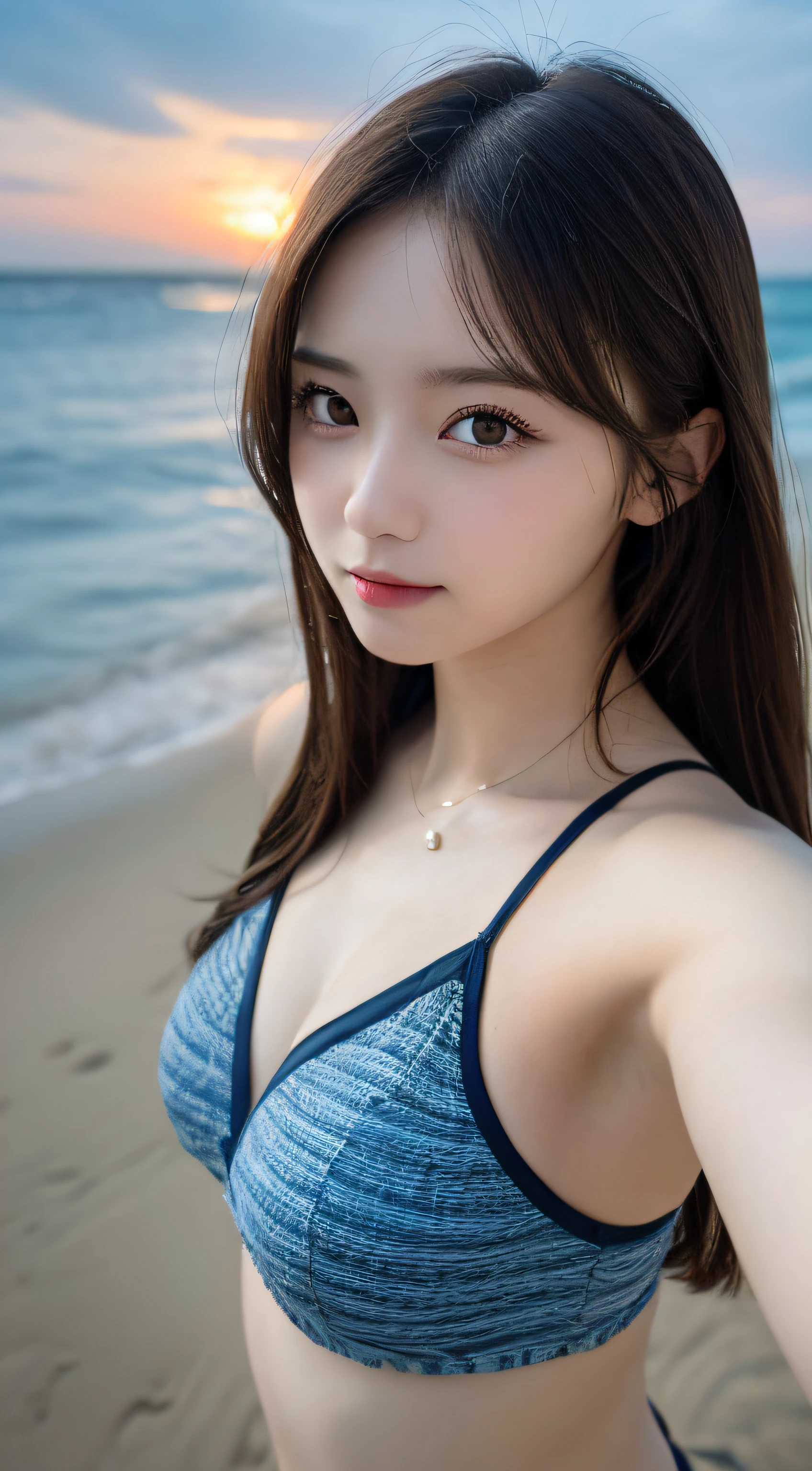 masutepiece, Best Quality, Illustration, Ultra-detailed, finely detail, hight resolution, 8K Wallpaper, Perfect dynamic composition, Beautiful detailed eyes, Swimsuit, Natural Color Lip,Beach, Random and cute poses, selfie photo, Night