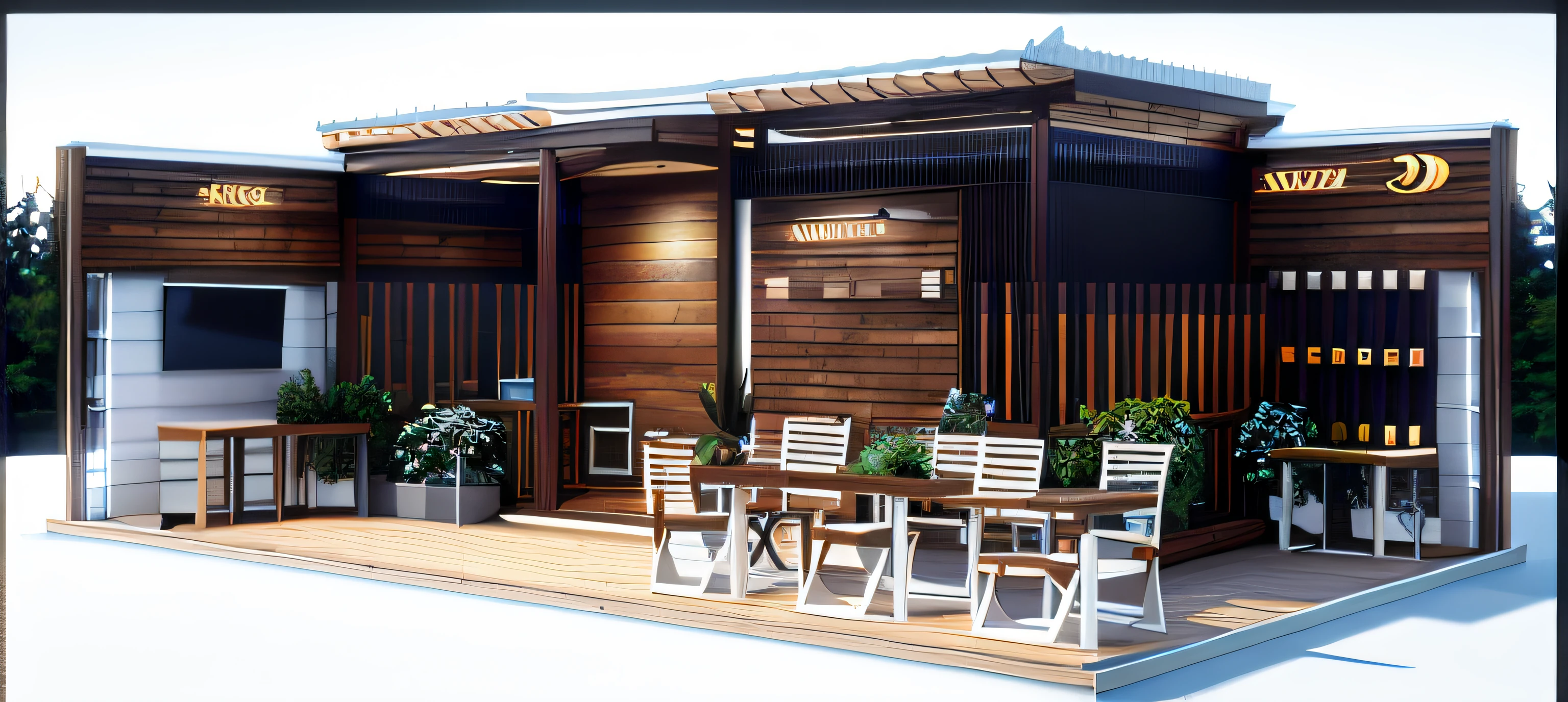 (Realistic), (Full details) (super lighting), Modern style, display area for artificial wood products, The entire house is made of artificial wood bars assembled and crafted like pattern, combining many different wood colors and different horizontal and vertical joining methods. Solid dark colors , rendered in 3dsmax, photorendered, rendered in povray, rendered in enscape, rendered in vray, rendered all white, rendered in v-ray, rendered in keyshot, stylized as 3d rendered, rendered in vray, rendered in corona