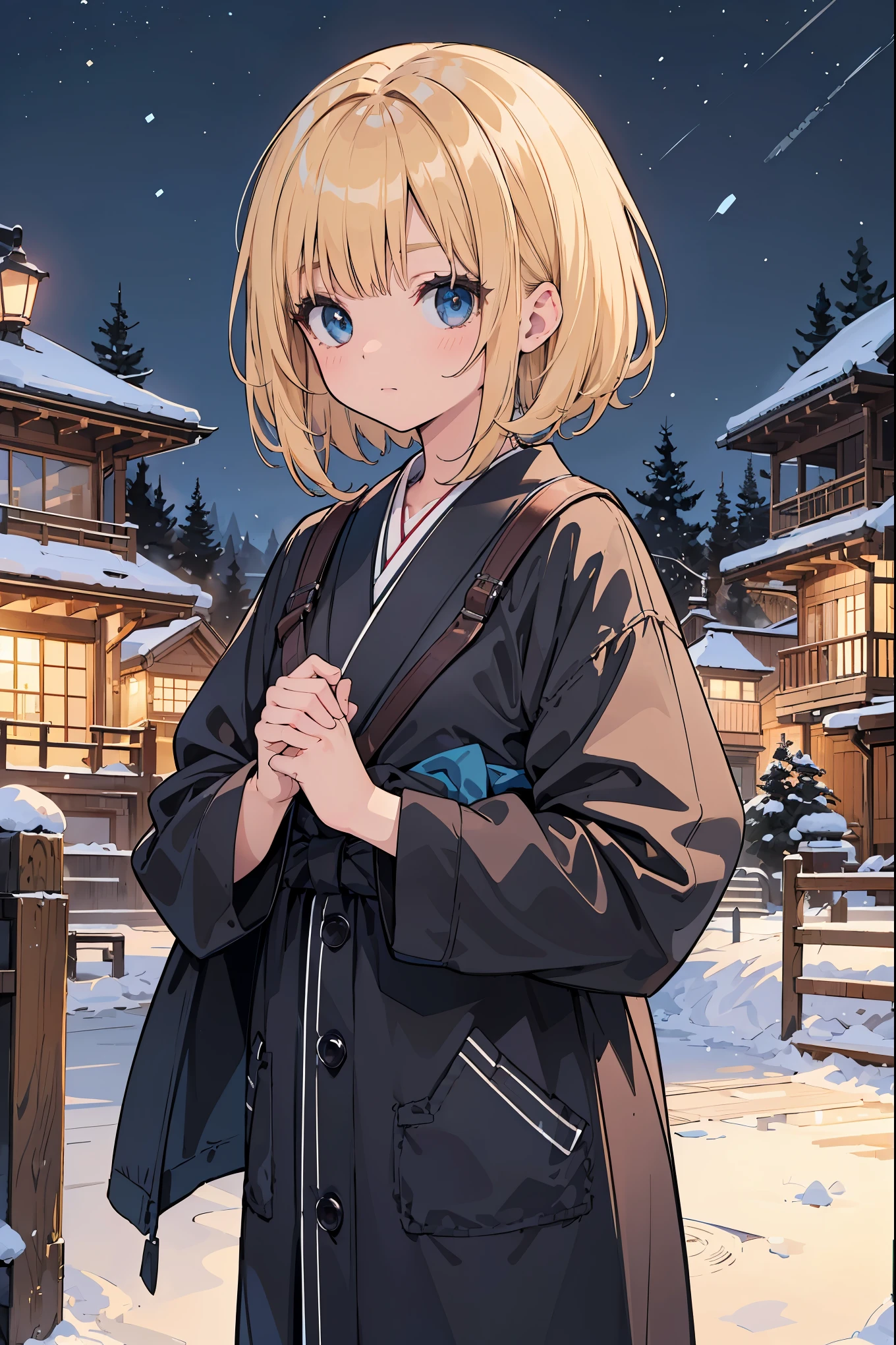 A high school girl in the style of Japanese anime illustration from 2020 with a detailed and realistic background that has depth and texture. The girl has blonde hair in a short one-length braided ponytail bob cut and wears a western long dress with a lot of frills, lace, and luxury. The theme is a formal schoolyard and the image is a portrait with contrast. The language in the image is Japanese and the romanization is English. The girl's eyes are realistic, complex, and detailed, and her skin texture is very fine. The girl's posing is instructed by a world-famous master and the image has a sense of dynamism. The girl's figure is a cowboy shot. The image size is 1024 x 1536 pixels. The girl is waiting for her boyfriend in the schoolyard. The girl wears a coat and the background has a winter scenery, night, and white snow. The girl is a daughter of a noble family.
