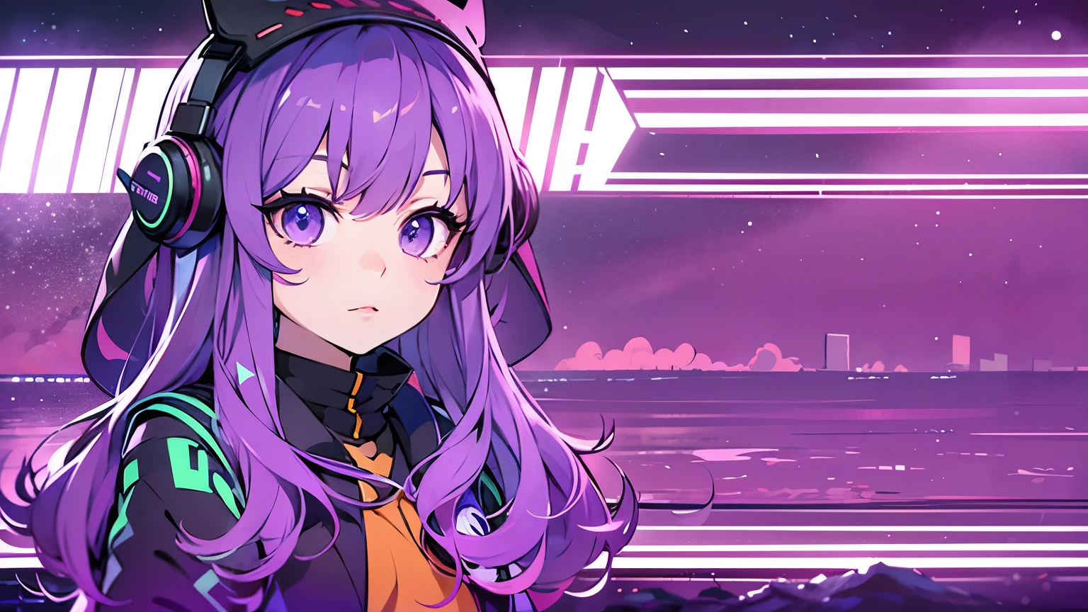 sea,night,Star,purple long hair,purple eyes,Purple coat,8K resolution,anime, high quality,earphone,eyes glow
