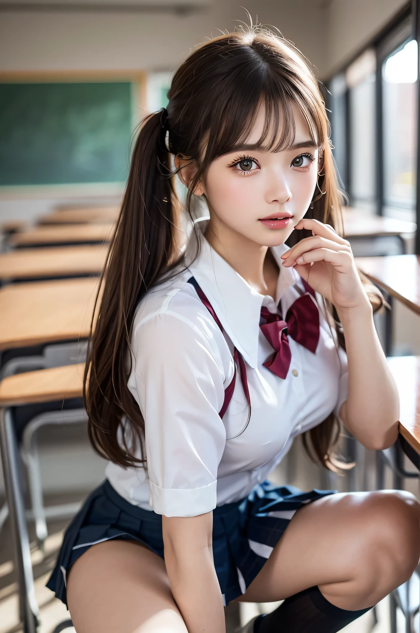 (1young girl), (highly detailed Beautiful face), Amazing face and eyes, (Best Quality:1.4), (Ultra-detailed), (extremely detailed CG unified 8k wallpaper), Highly detailed, High-definition raw color photos, Professional Photography, Realistic portrait, Amazing face and eyes, Pink eyes, (hi-school uniform, pleated mini skirt:1.3), (High school uniform with wide open breasts:1.4), twintails, brown hair, model,  (((Bokeh))), depth of fields, School, classroom, (squatting:1.2), (lace panties:1.2), view from below