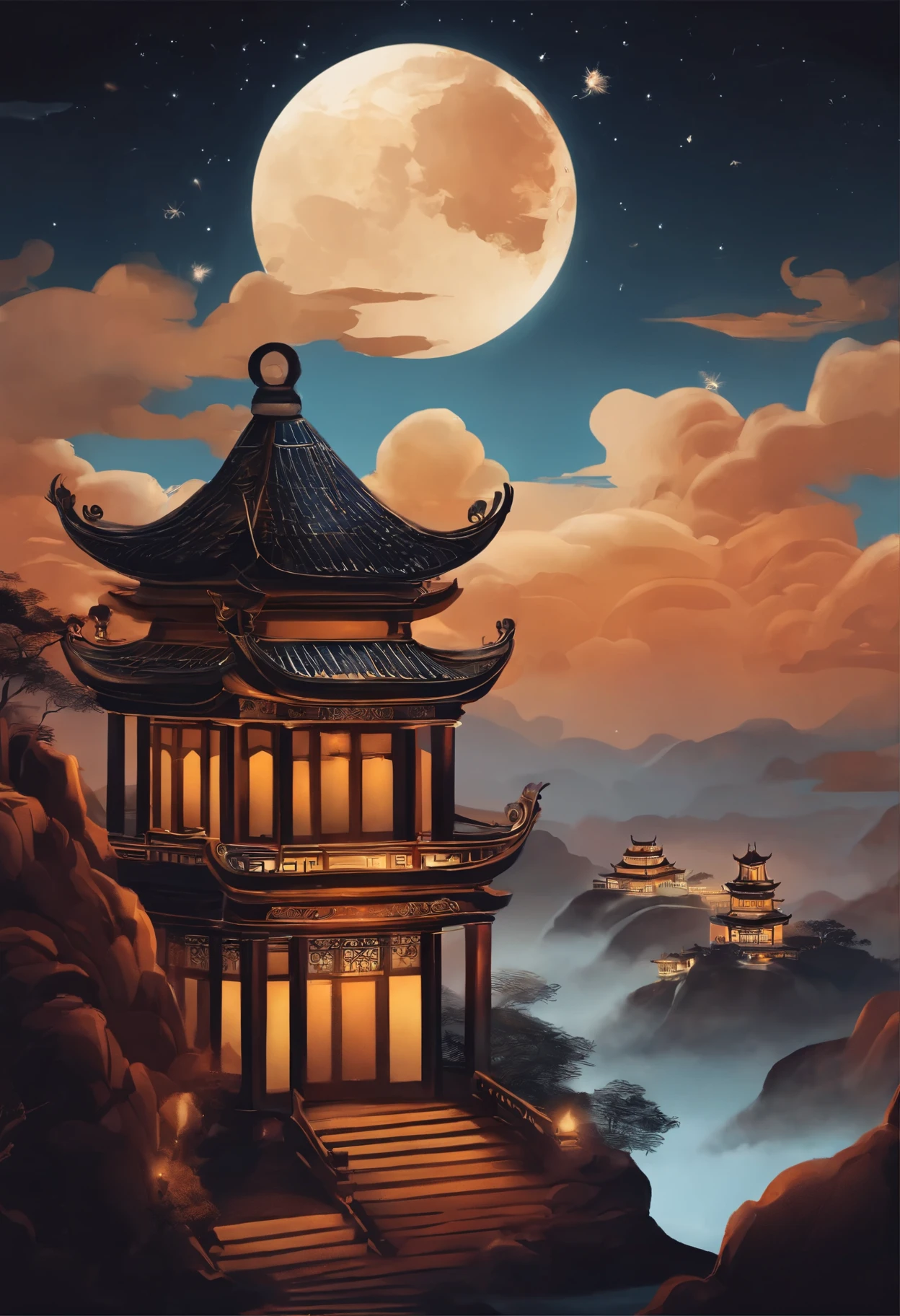 night，moon，game scene，Chinese palace above the clouds，surrounded by clouds，lion dancing cat，glazed tiles，Buddha statue，lantern，gorgeous color，In the foreground are three arches((Color ink)),( (Splash ink ) ), ((Splash ink) ink})), masterpiece，high quality，Beautiful graphics，high detail，Brilliant fireworks
