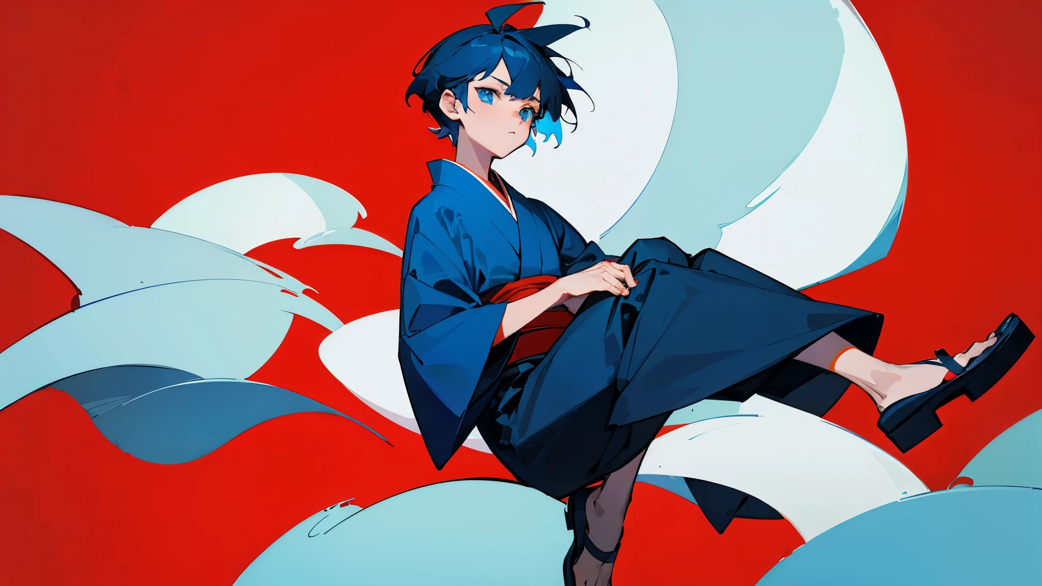 hold_his_knees_with_both_hands,float_in_the_air,whole_body_man,18_years_old,short_hair,navy_blue_hair,blue_eyes,kimono,cool,red_background,simple_red_background,a_man_in_long_traousers,put_on_pants,long_shot,man