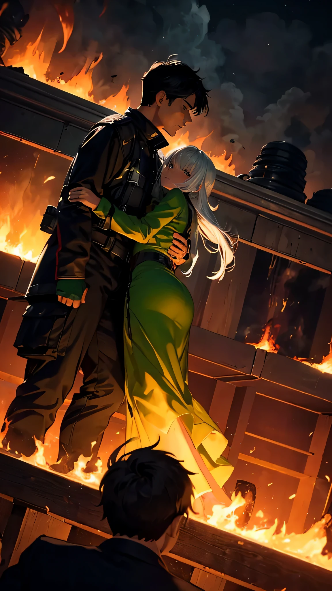 (Horizontal light and shadow, ultra high definition, higher, super detailed,masterpiece，rich and colorful，many details),((modern night,1.2))，in fire，A man wearing a green thick firefighting suit，Holding a woman in a gray and white dress，Burning flames and billowing black smoke all around