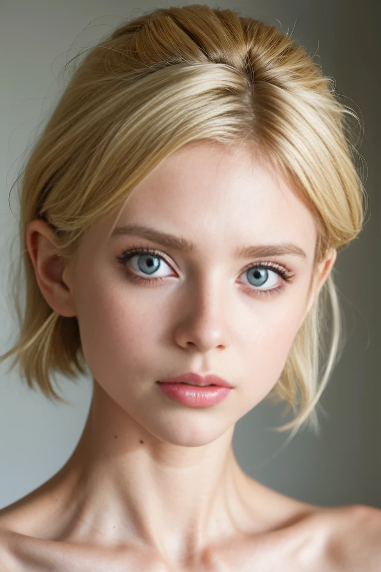 Highest quality photorealistic face closeup head and shoulders bust photo, Egon Schiele style platinum blonde nude 18-year-old fashion model, nude 18-year old anorexic skinny Abbey Lee Kershaw model lookalike, extra large disheveled platinum blonde bouffant hairstyle, pixie Abbey Lee Kershaw face, cute sexy face, very pale skin, dark dramatic eye makeup, huge long eyelashes, bright red luscious lips, pixie waif face, extra large blue eyes, wide set eyes, large wide staring eyes, bright blue eyes, teenage model Abbey Lee, skinny face, red succulent moist lips, gap-tooth slightly parted open sexy mouth,