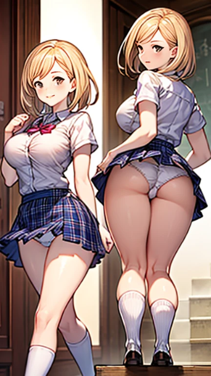 one girl，full body figure，big boobs，big boobs，Perfect five-finger、mini skirt、I can see white panties、whitepanty、shy face、Voluptuous legs、perfect thing、highest quality、big breasts、blonde、detailed description、small details、detailed face、djeeta、granblue fantasy、white skin、look back、turn around、Pose that emphasizes the buttocks、back view、going up stairs、erotic pose、school uniform、Blue plaid skirt、white knee socks、white high socks