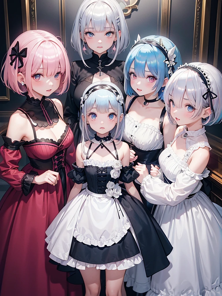 3girls, multiple girls, looking at viewer, indoors, jewelry, bangs, dress, earrings, nice detailing, glowing eyes, nice background,
masterpiece, best quality, ultra-detailed,
re zero (rem(short hair,blue hair)and ram(pink hair, Short hair)and emiria(silver hair, long hair)),