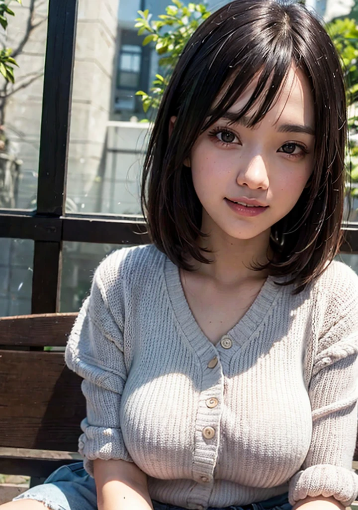 8K, masterpiece, raw photo, highest quality, photorealistic, high definition CG Unity 8K wallpaper, depth of field, cinematic light, lens flare, ray tracing, (very beautiful face, beautiful lips), beautiful eyes ), face with intricate details, ((super detailed skin)) 1 girl, smiling, black back, black shadow, wearing a knit shirt (saggy breasts), breast shape middle-aged, (D cup), Denim micro miniskirt, pantyhose (real), brown hair bob, (black eyes 1.1), realistic face, sitting bench, defenseless lower body, dramatic lighting, design: Japan's cutest beautiful girl idol! !