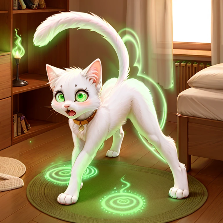 shocked and scared slim feral Female cat with White fur and pik hairs and glowing Green eyes standing on all fours there are some traces of magic floating around her she is in a bedroom