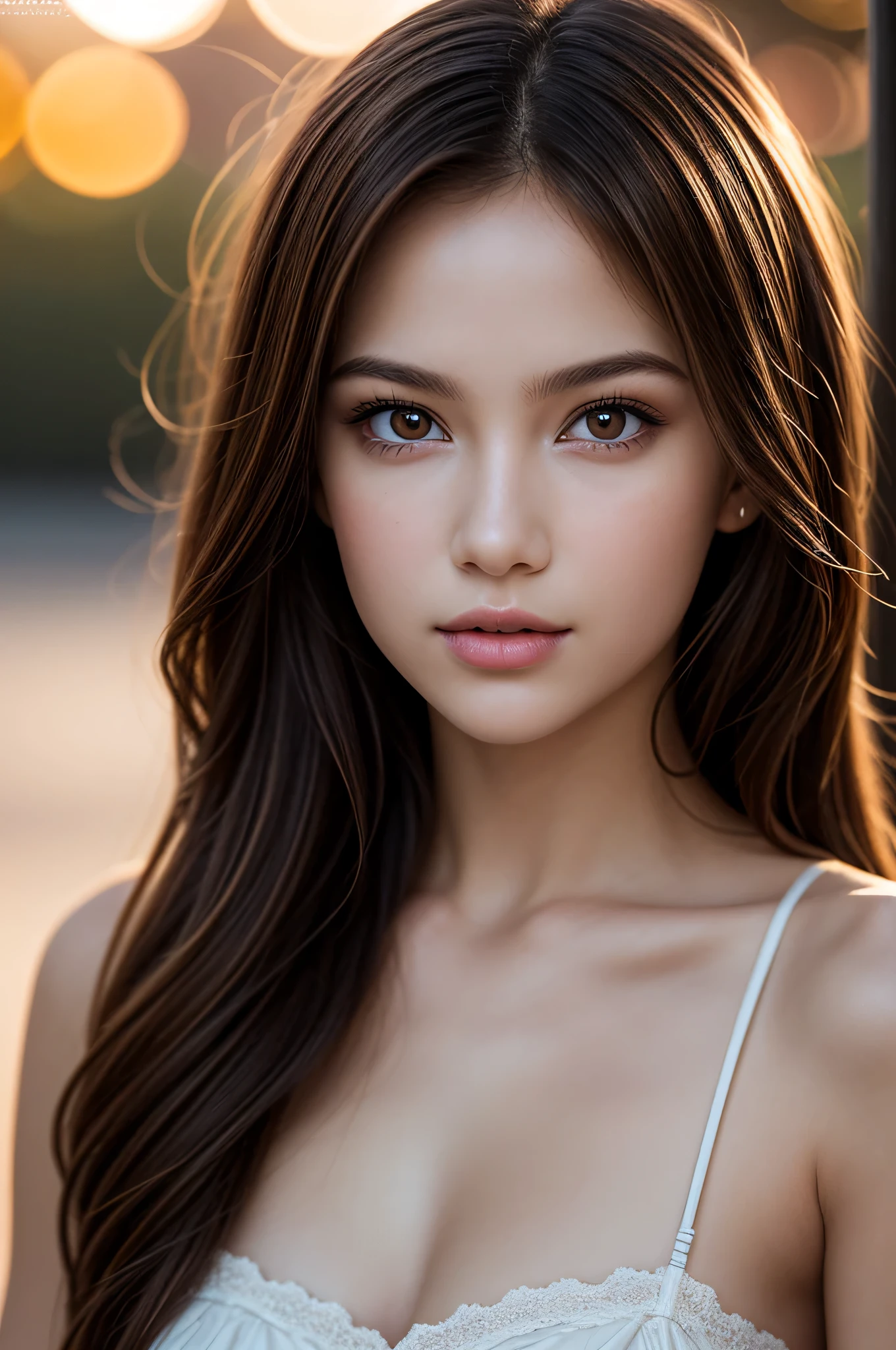 (best quality), (ultra-detailed), (llustration), (detailed light), (an extremely delicate and beautiful), ung girl, brown hair, brown eyes, model, bare shoulders, best quality, extremely detailed CG unified 8k wallpaper, High-definition raw color photos, professional photograpy, (((Bokeh))), depth of fields, twilight, sunset,