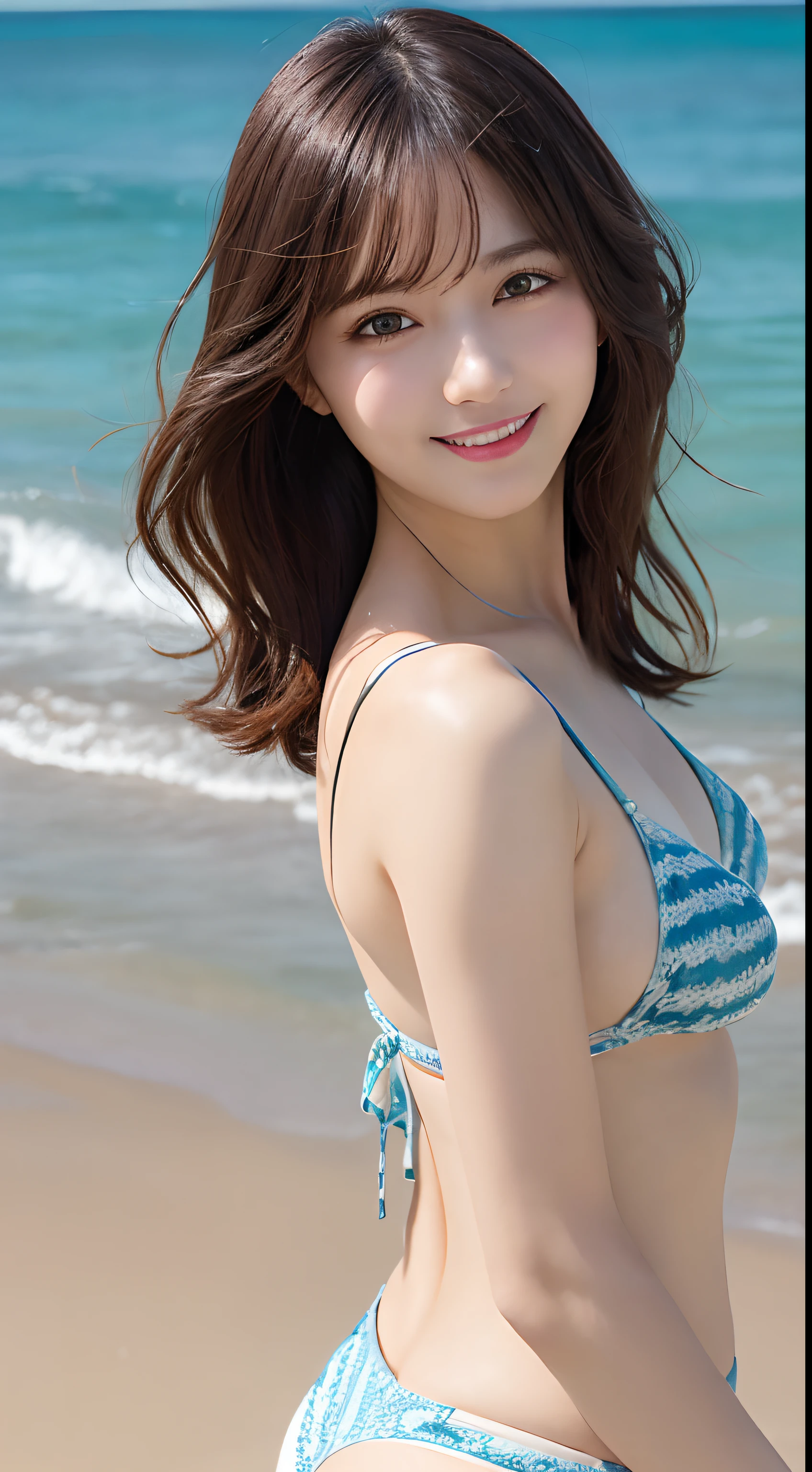 masutepiece, Best quality, illustration, Ultra-detailed, finedetail, A high resolution, 8K wallpaper, Perfect dynamic composition, Beautiful detailed eyes, maikurobikini,Medium hair, Small , Natural color lips, Bold sexy poSmile,sea beach、20 years girl、Cute