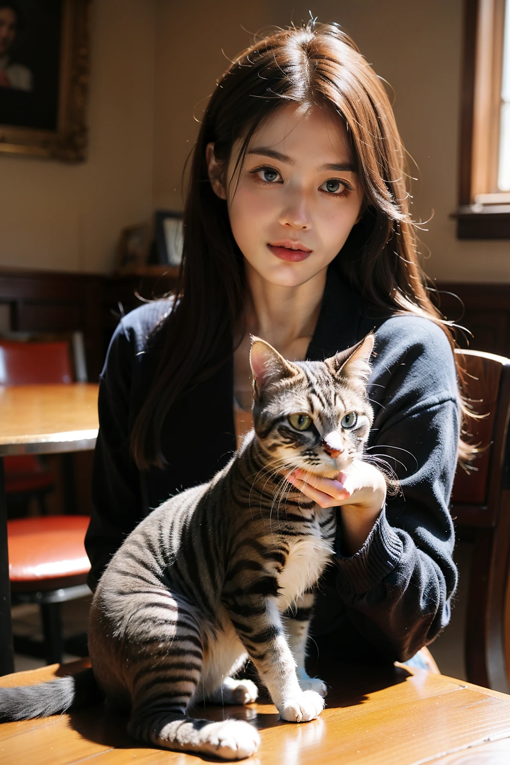 ((best quality)), ((masterpiece)), (detailed), Background in café，Girl playing with a cat