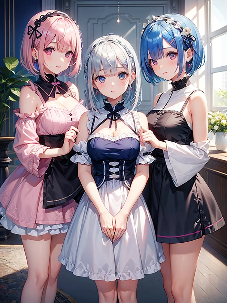 3girls, multiple girls, looking at viewer, indoors, jewelry, bangs, dress, earrings, nice detailing, glowing eyes, nice background,
masterpiece, best quality, ultra-detailed,
re zero (rem(short hair,blue hair)and ram(pink hair, Short hair)and emiria(silver hair, long hair)),