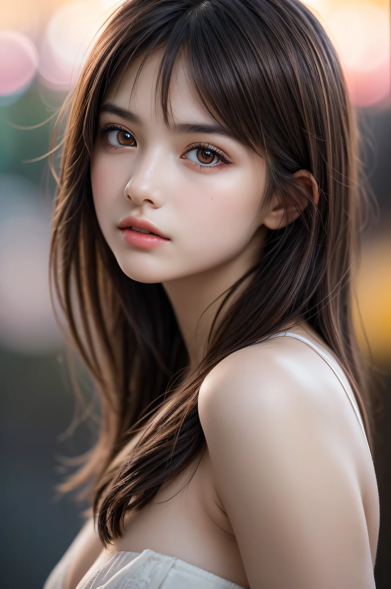 (best quality), (ultra-detailed), (llustration), (detailed light), (an extremely delicate and beautiful), 1young girl, brown hair, brown eyes, model, bare shoulders, best quality, extremely detailed CG unified 8k wallpaper, High-definition raw color photos, professional photograpy, (((Bokeh))), depth of fields, twilight, sunset,