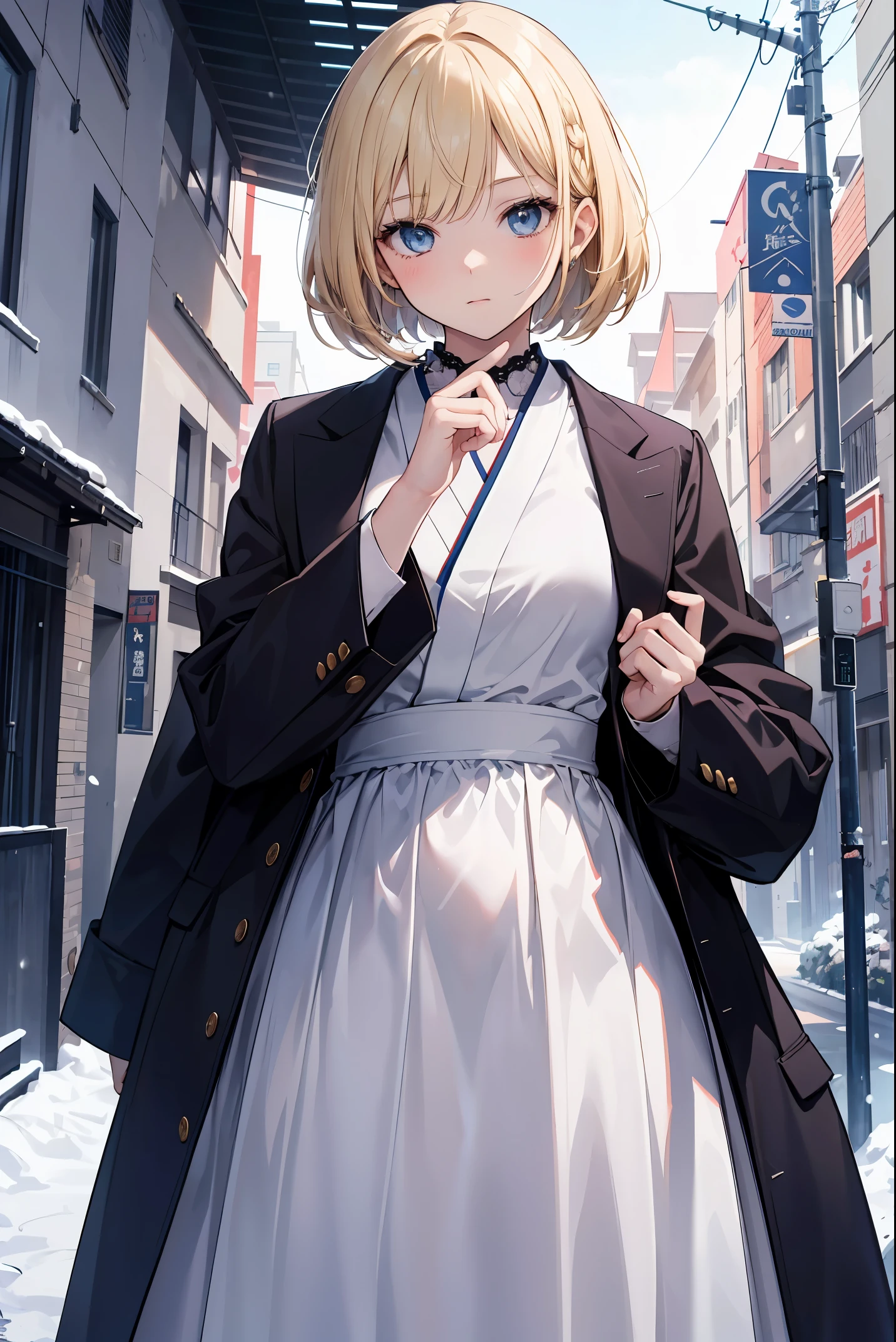A high school girl in the style of Japanese anime illustration from 2020 with a detailed and realistic background that has depth and texture. The girl has blonde hair in a short one-length braided ponytail bob cut and wears a western long dress with a lot of frills, lace, and luxury. The theme is a formal schoolyard and the image is a portrait with contrast. The language in the image is Japanese and the romanization is English. The girl's eyes are realistic, complex, and detailed, and her skin texture is very fine. The girl's posing is instructed by a world-famous master and the image has a sense of dynamism. The girl's figure is a cowboy shot. The image size is 1024 x 1536 pixels. The girl is waiting for her boyfriend in the schoolyard. The girl wears a coat and the background has a winter scenery, night, and white snow. The girl is a daughter of a noble family.