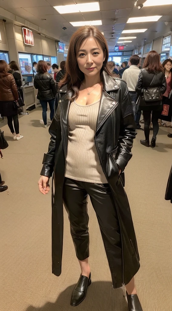 ((highest quality、8K、masterpiece:1.3))、Photoreal, sharp focus, High level image quality, High resolution, portrait, alone, Japanese, middle-aged women, beautiful woman, Sexy, 50 years old, long hair, Leather jacket、one piece、(wrinkles around the eyes:0.6), Public place, full body photo,