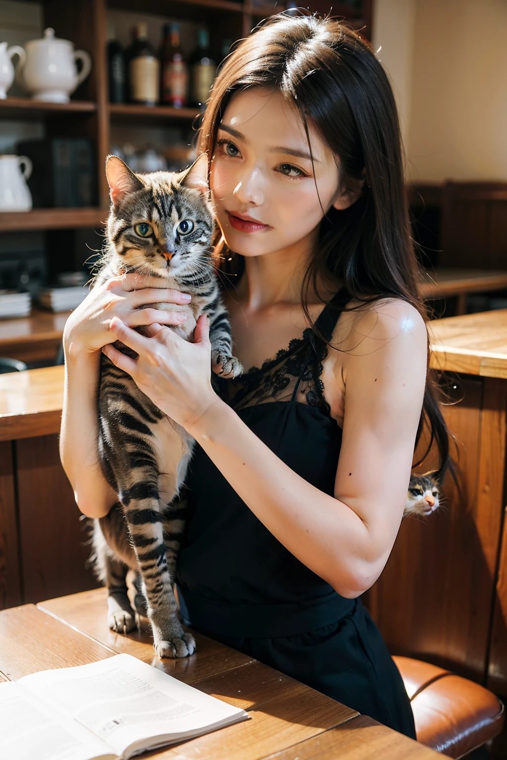 ((best quality)), ((masterpiece)), (detailed), Background in café，Girl playing with a cat