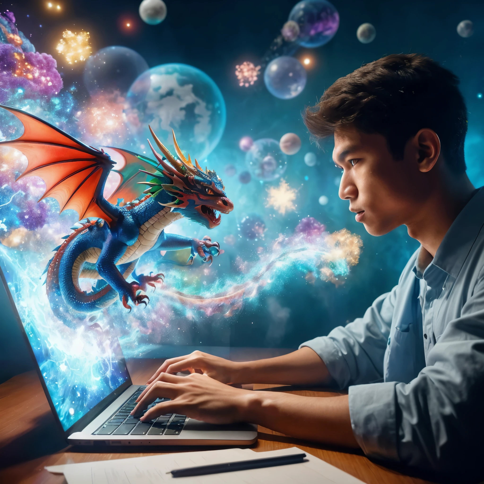 real photo of a 3D dreamy cute colorful dragon emerging from a the laptop screen. Using the laptop typing a prompt is a Filipino young artist in his studio.  The dragon is adorned with colorful scales. It extends from the picture, reaching out for the student's face. Around it is a serene, magical scene bursting swirling with magical orbs and effects gracefully soaring and lighting up the dark room