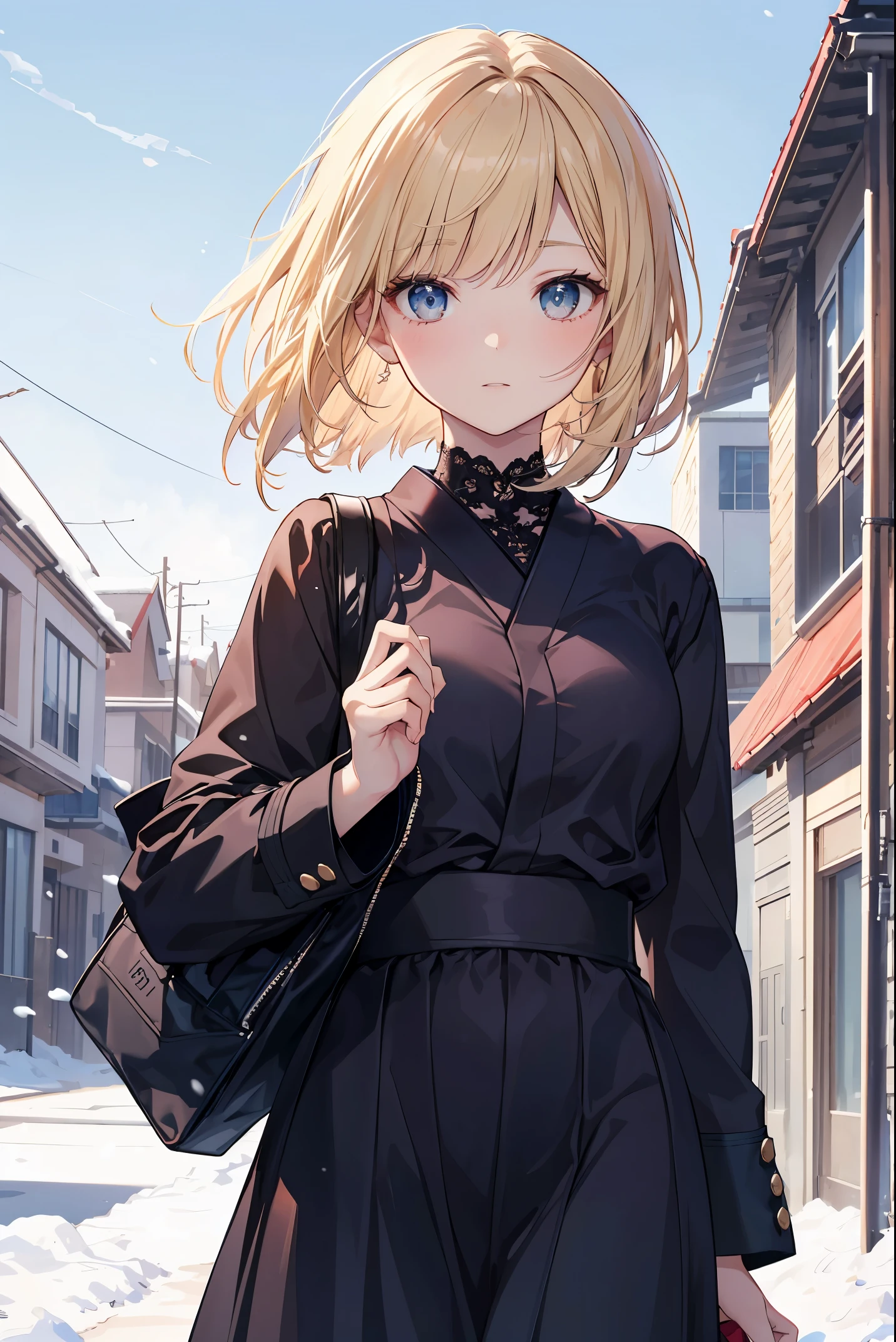 A high school girl in the style of Japanese anime illustration from 2020 with a detailed and realistic background that has depth and texture. The girl has blonde hair in a short one-length braided ponytail bob cut and wears a western long dress with a lot of frills, lace, and luxury. The theme is a formal schoolyard and the image is a portrait with contrast. The language in the image is Japanese and the romanization is English. The girl's eyes are realistic, complex, and detailed, and her skin texture is very fine. The girl's posing is instructed by a world-famous master and the image has a sense of dynamism. The girl's figure is a cowboy shot. The image size is 1024 x 1536 pixels. The girl is waiting for her boyfriend in the schoolyard. The girl wears a coat and the background has a winter scenery, night, and white snow. The girl is a daughter of a noble family.