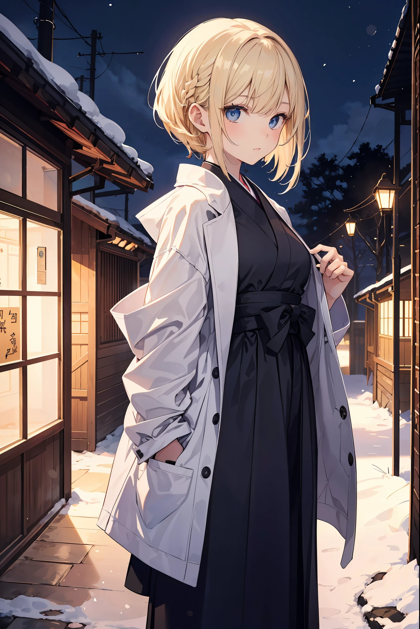 A high school girl in the style of Japanese anime illustration from 2020 with a detailed and realistic background that has depth and texture. The girl has blonde hair in a short one-length braided ponytail bob cut and wears a western long dress with a lot of frills, lace, and luxury. The theme is a formal schoolyard and the image is a portrait with contrast. The language in the image is Japanese and the romanization is English. The girl's eyes are realistic, complex, and detailed, and her skin texture is very fine. The girl's posing is instructed by a world-famous master and the image has a sense of dynamism. The girl's figure is a cowboy shot. The image size is 1024 x 1536 pixels. The girl is waiting for her boyfriend in the schoolyard. The girl wears a coat and the background has a winter scenery, night, and white snow. The girl is a daughter of a noble family.
