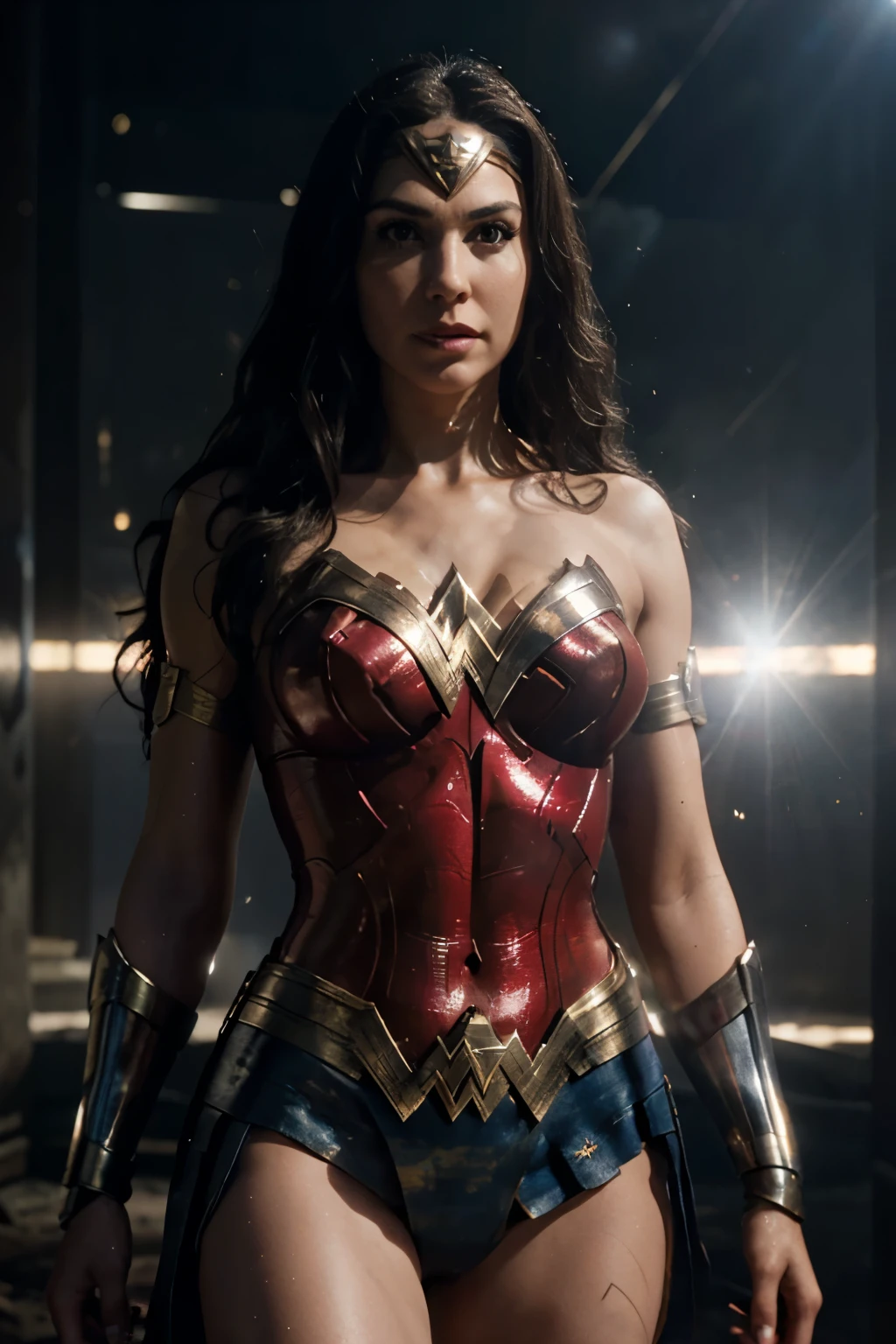 Scene from Movie, Wonder Woman naked from DC Close-Up, Distorted Space, Distorted Undead in the Background, Lens Flares, Light Shafts, Intricate Details, High Detailed, Volumetric Lighting, 4k Rendering, Stock Photo, Hyper-Realistic, Realistic Textures, Dramatic Lighting, Unreal Engine