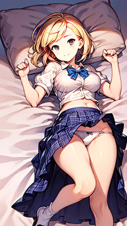 one girl,full body figure,big boobs,big boobs,Perfect five-finger、mini skirt、I can see white panties、whitepanty、shy face、Voluptuous legs、perfect thing、highest quality、big breasts、blonde、detailed description、small details、detailed face、djeeta、granblue fantasy、white skin、on the bed、On your back、Raising both hands、erotic pose、school uniform、Blue plaid skirt、white knee socks、white high socks