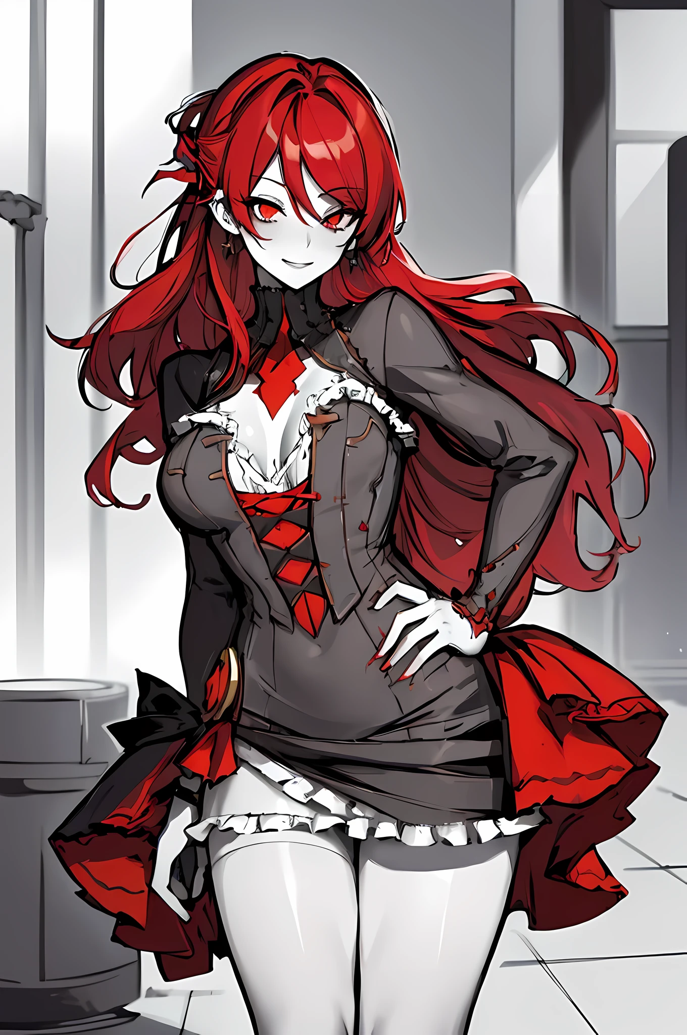 (absurdres, 8k, 4k, masterpiece, hyper extreme detailed:1.2), solo, 1girl, portrait, best quality, expressive eyes, perfect face, portrait, looking at viewer, solo, standing, zombie, gray skin, friendly, torn clothing, cowboy shot, full body, medium breasts, long hair, red frilly dress, greenish red eyes, red hair, circlet, pyrrha nikos, red dress, frilly dress, gray skin, grey skin, zombie, victorian dress, smile, friendly, happy, grey skin, wavy clothing, wind, windy hair, windy clothing, moving clothes, moving hair, discolored skin, unnatural skin tone, zombie, perfect anatomy, sickly skin color, grey skin, zombie, splotches on skin, stitches on skin, discolored skin, hands on hips, flowy dress, poofy dress, covered breasts, covered thighs, boots, blood, dirt,