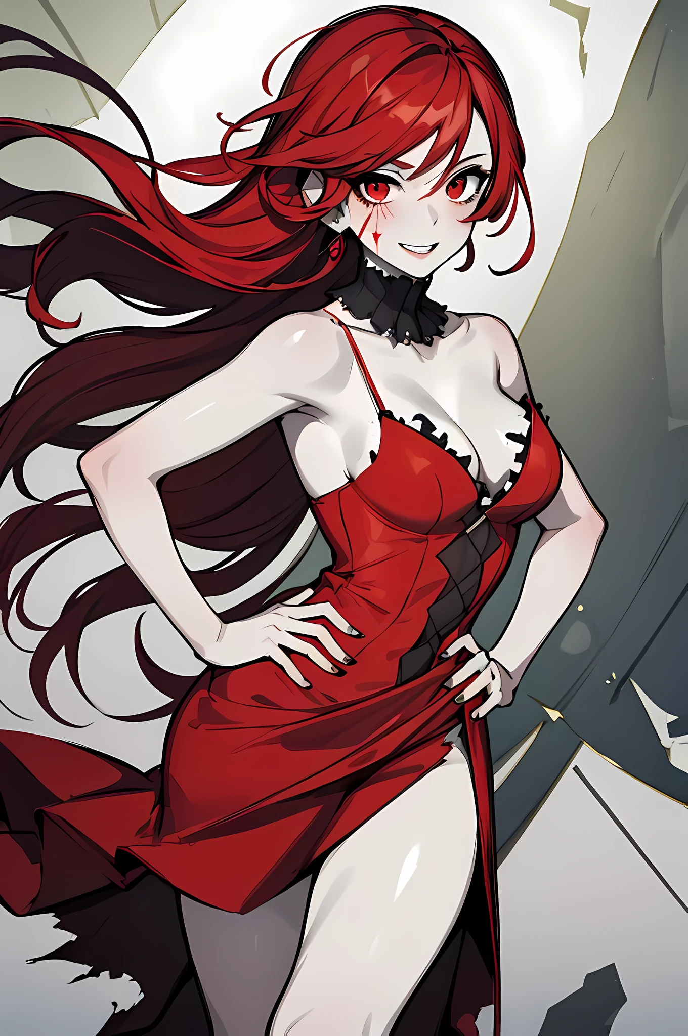 (absurdres, 8k, 4k, masterpiece, hyper extreme detailed:1.2), solo, 1girl, portrait, best quality, expressive eyes, perfect face, portrait, looking at viewer, solo, standing, zombie, gray skin, friendly, torn clothing, cowboy shot, full body, medium breasts, long hair, red frilly dress, greenish red eyes, red hair, circlet, pyrrha nikos, red dress, frilly dress, gray skin, grey skin, zombie, victorian dress, smile, friendly, happy, grey skin, wavy clothing, wind, windy hair, windy clothing, moving clothes, moving hair, discolored skin, unnatural skin tone, zombie, perfect anatomy, sickly skin color, grey skin, zombie, splotches on skin, stitches on skin, discolored skin, hands on hips, flowy dress, poofy dress, covered breasts, covered thighs, boots, medieval dress, blood, dirt