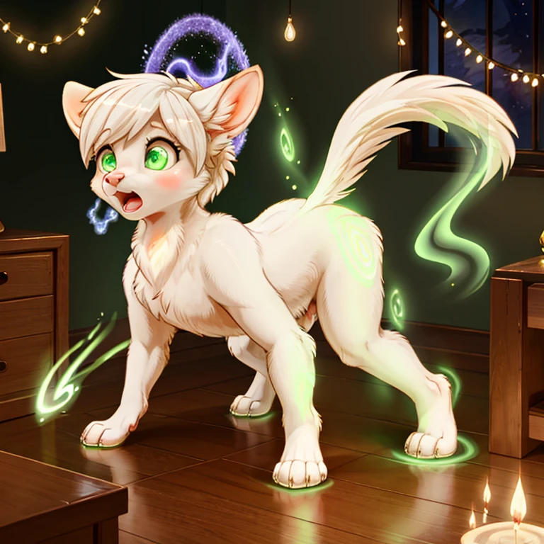 shocked and scared feral Female doe with White fur and pik hairs and glowing Green eyes standing on all fours there are some traces of magic floating around her she is in a bedroom