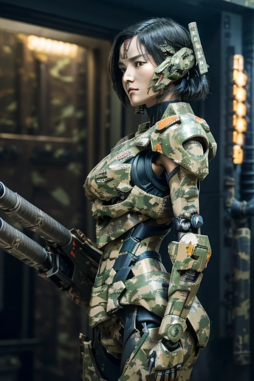 extremely detailed CG unity 32K wallpaper, top quality, masterpiece, raw photo, photorealistic, highest resolution, professional photo, dynamic, cinematic lighting, (cyberpunk:1.4), science fiction, sharp focus, depth of field, (perfect body, correct anatomy:1.5), intricately detailed face, expressive face, POV, (from front:1.3), 1 girl, Japanese woman, ((female soldier:1.3)), solo, cowboy shot, black hair, short hair, ultra-realistic skin, detailed skin, tan, (dark and bright eyes:1.4), highly detailed nose and lips, (innocent face:1.2), ((camouflaged, combat uniform:1.5)), (slender, medium breast:1.5), ((powered suit, mechanical body armor:1.4)), perfect body proportion, weaponize exoskeleton, the girl's body is highly weaponized, in combat with hostile militias, (((powered suit equipped with a large main gun:1.5))), (((1 main gun on the girl's right shoulder:1.3))), battlefield, vandalize town, noon